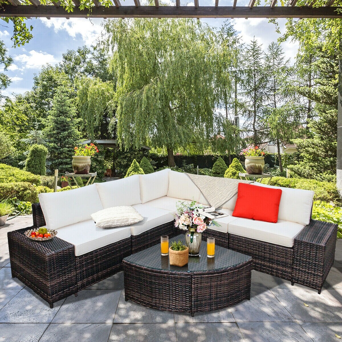 6 Pieces Rattan Furniture Cushioned Sofa Set
