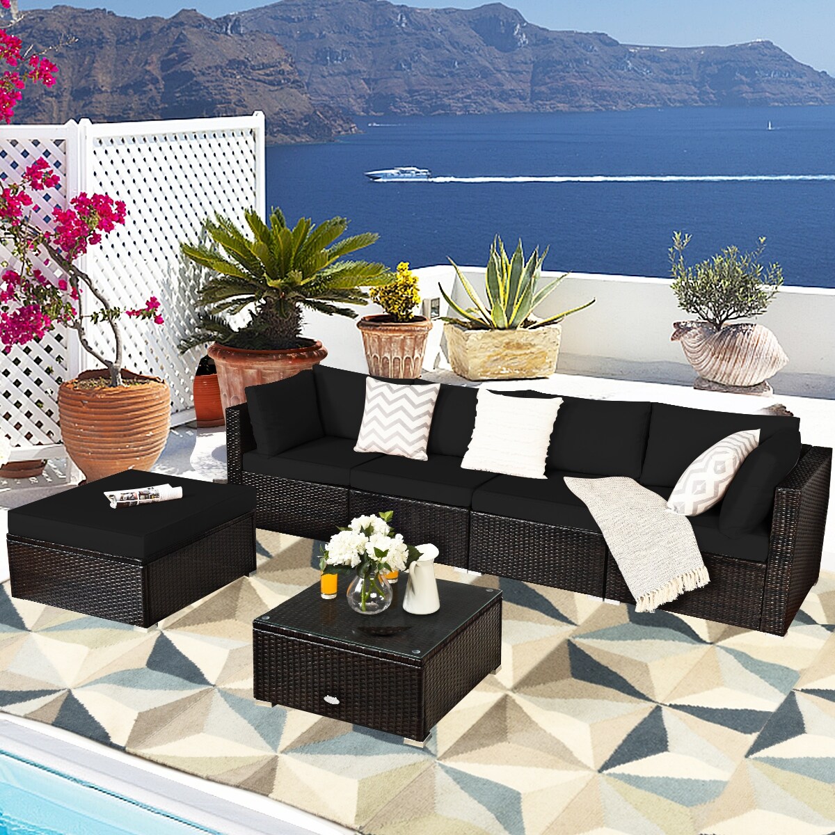 6 Pieces Outdoor Patio Rattan Sectional Sofa Set With Coffee Table