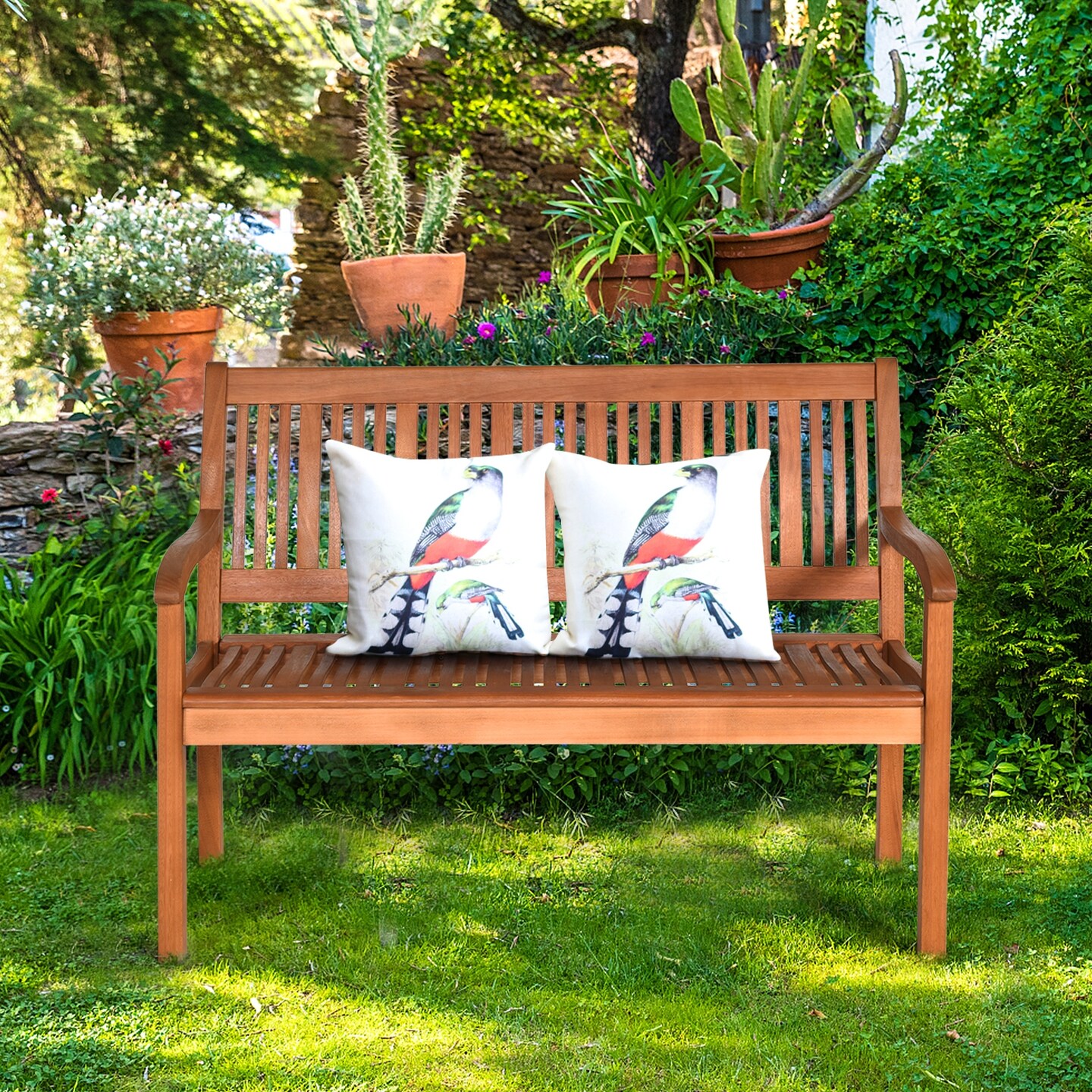 2- Person Solid Wood Garden Bench with Curved Backrest and Wide Armrest