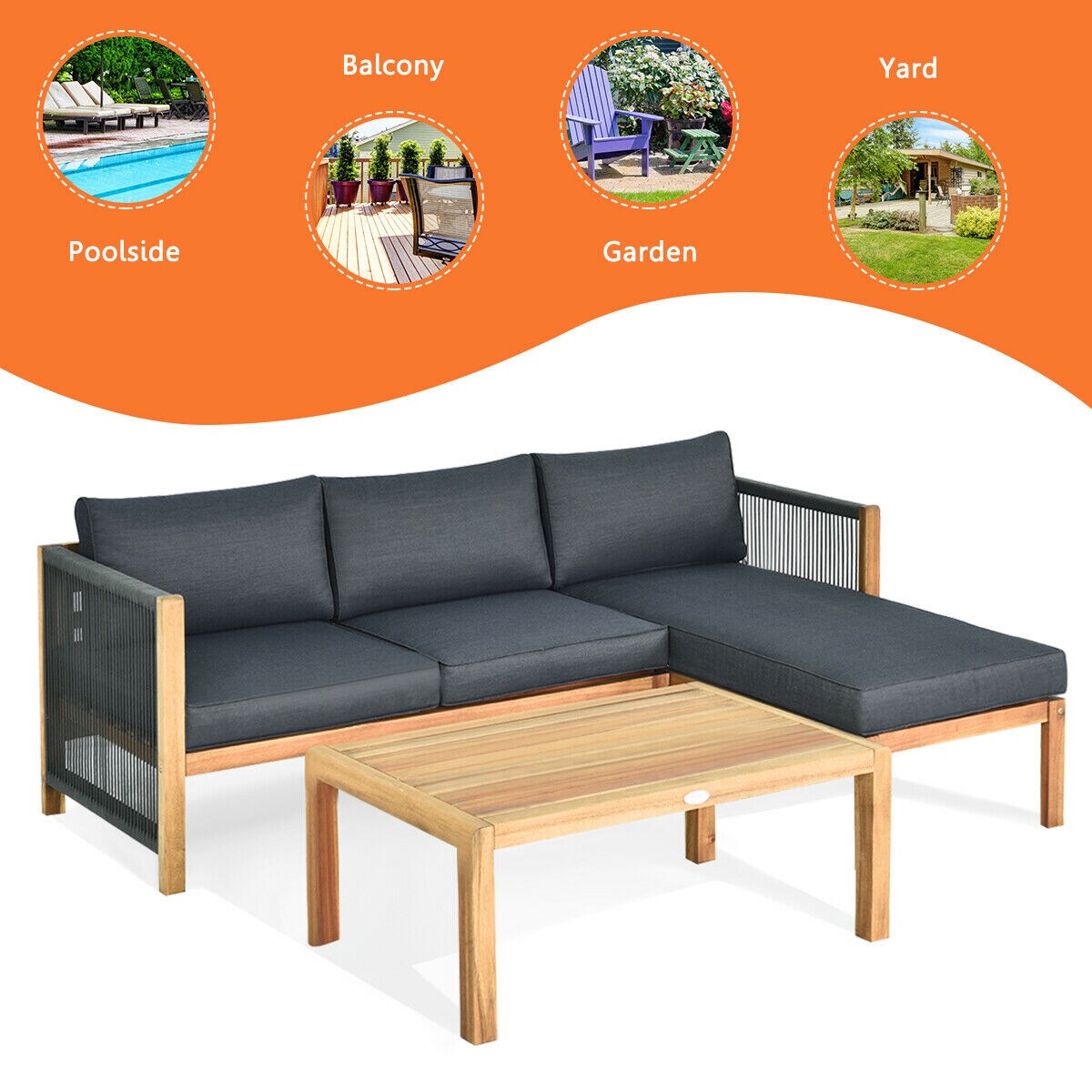3 Piece Patio Acacia Sofa Set With Nylon Armrest