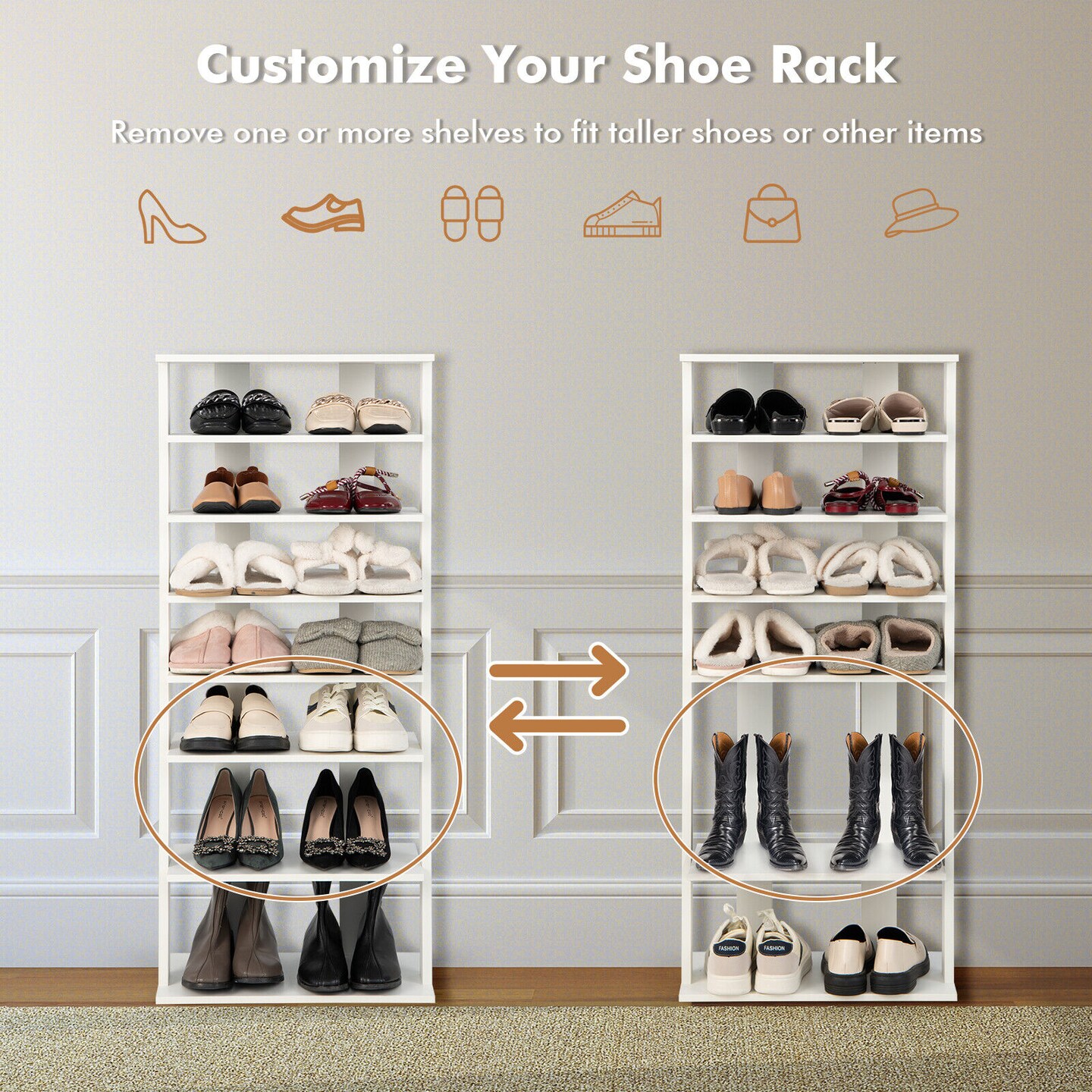 7-Tier Dual 14 Pair Shoe Rack Free Standing Concise Shelves Storage