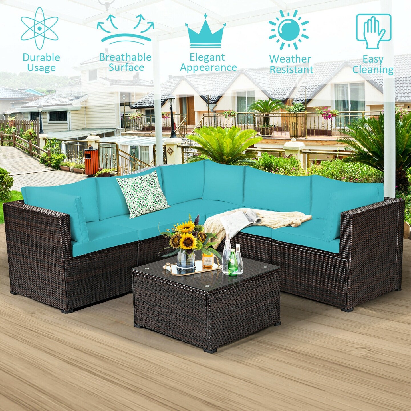 6 Pieces Patio Rattan Furniture Set Sectional Cushioned Sofa Deck