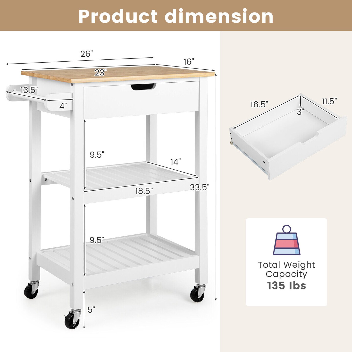 3-Tier Kitchen Island Cart Rolling Service Trolley with Bamboo Top
