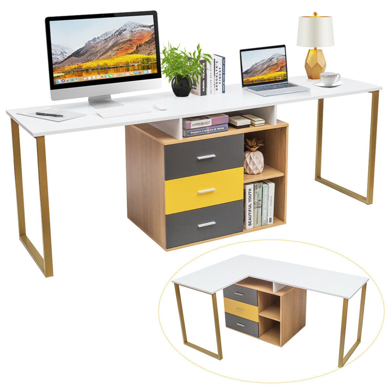 Gymax 87 Two Person Computer Desk Adjustable L-Shaped Office Desk w/Shelves and Drawers