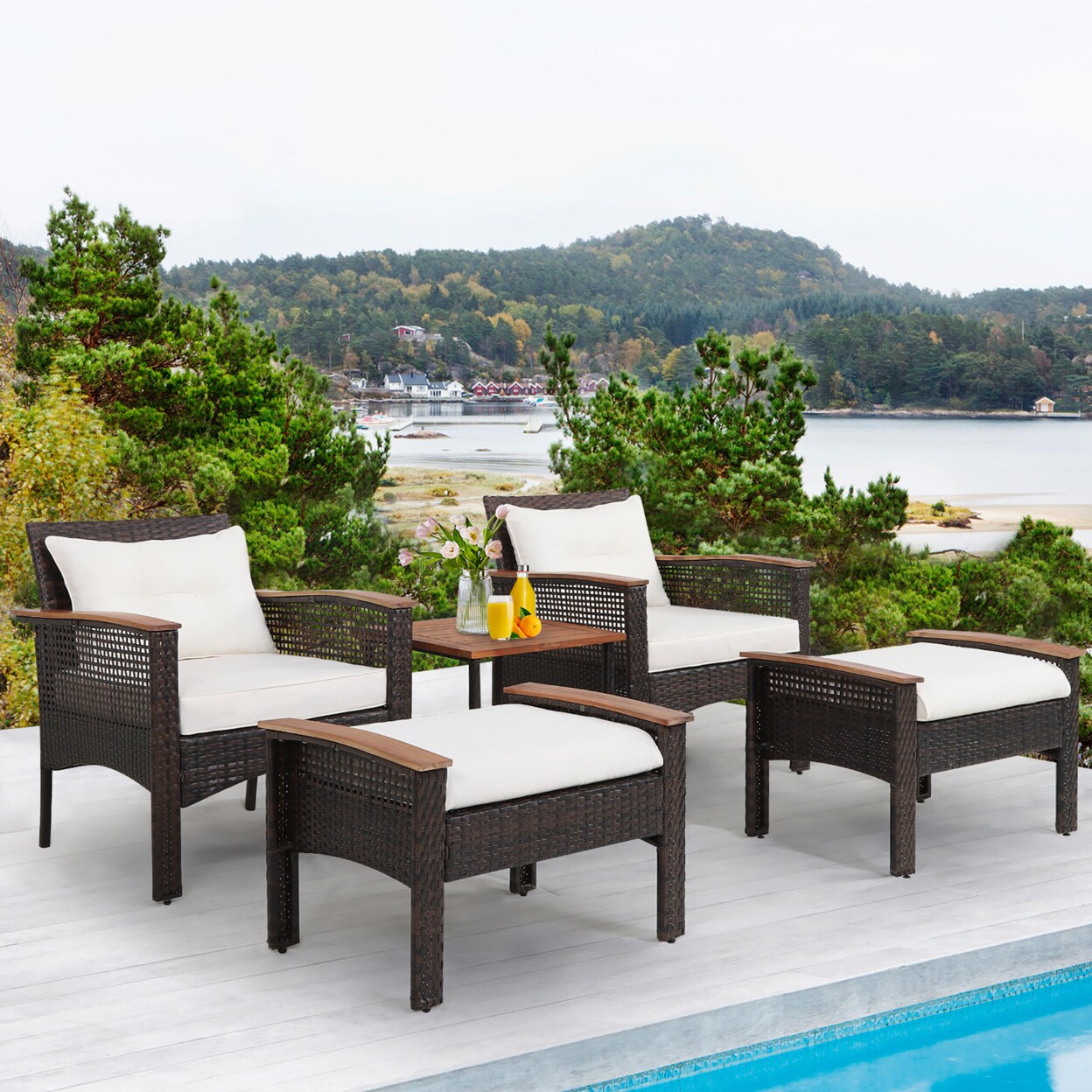 5 Pcs Patio Rattan Sofa Set Outdoor Wicker Conversation Set W/ Coffee Table And Cushion