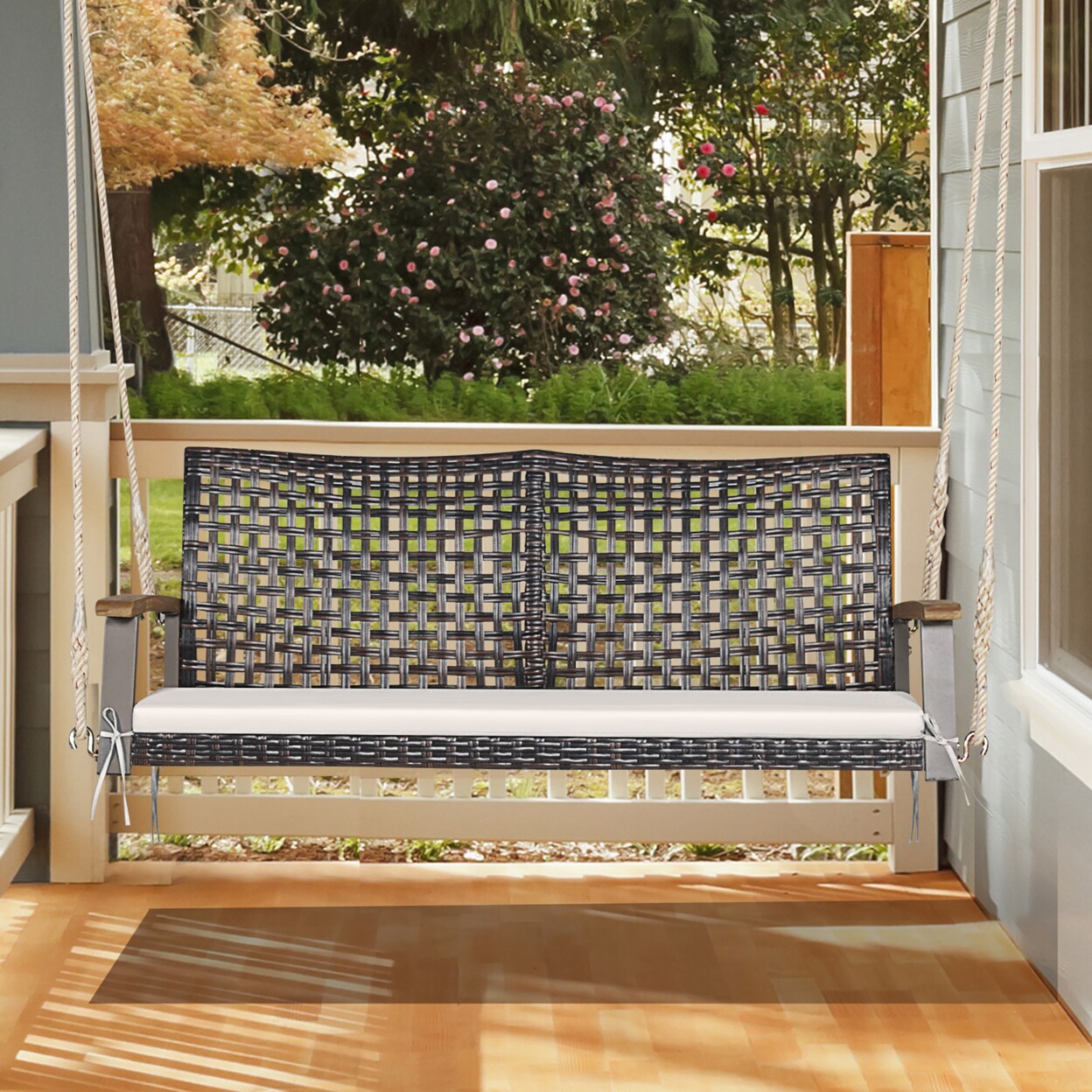 Gymax 2-Seat Rattan Porch Swing Chair Outdoor Wicker Swing Bench W/ Seat Cushion Mix Brown