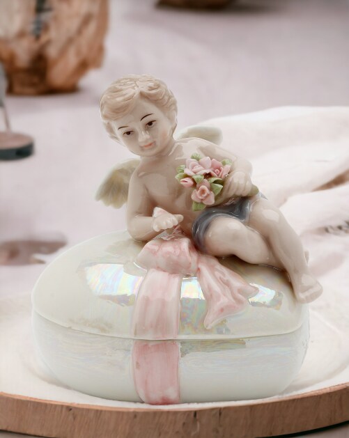 Ceramic Cherub Angel Trinket Box, Religious D&#xE9;cor, Religious Gift, Church D&#xE9;cor, Church Gift, Baptism Gift, Vanity Decor, Vintage Decor