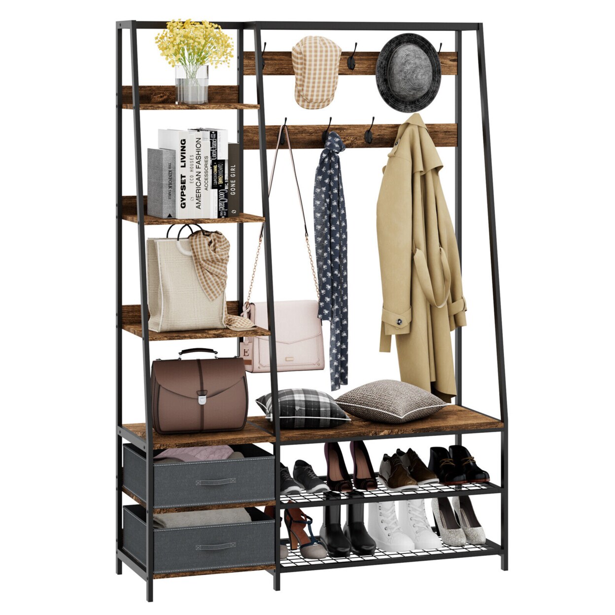 6-In-1 Freestanding Hall Tree Coat Rack W/ Bench And Fabric Dressers Rustic Brown