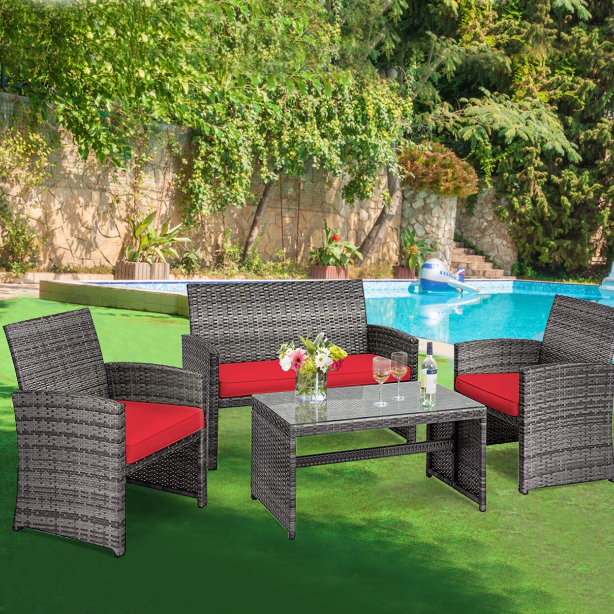 4Pcs Patio Outdoor Rattan Conversation Furniture Set W/ Red Cushion