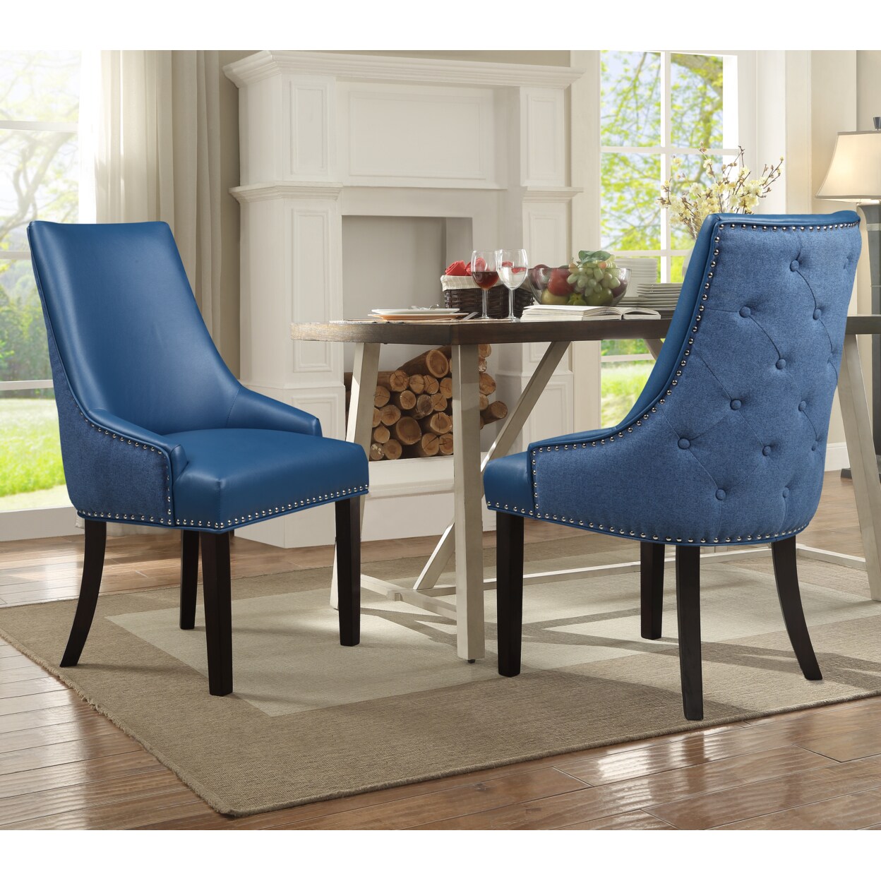 Iconic Home Taylor PU Leather Dining Chair Set of 2 Linen Button Tufted with Silver Nailhead Solid Birch Legs