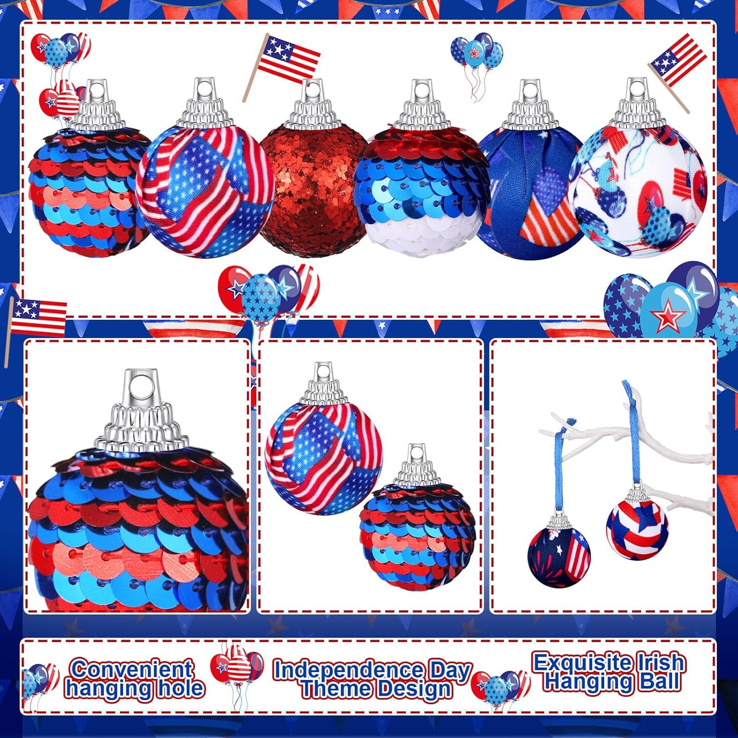 24 Pieces 4th of July Ball Ornament Patriotic Decoration for Tree Independence Day Tree Ornaments.