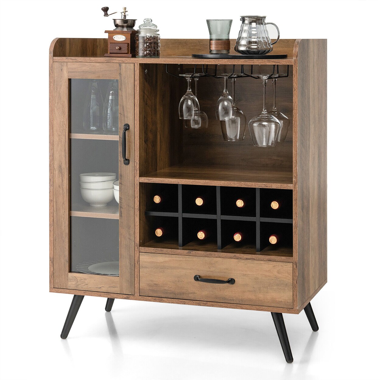 Liquor Bar Cabinet Storage Buffet Sideboard Credenza W/ Wine Rack And Glass Holder
