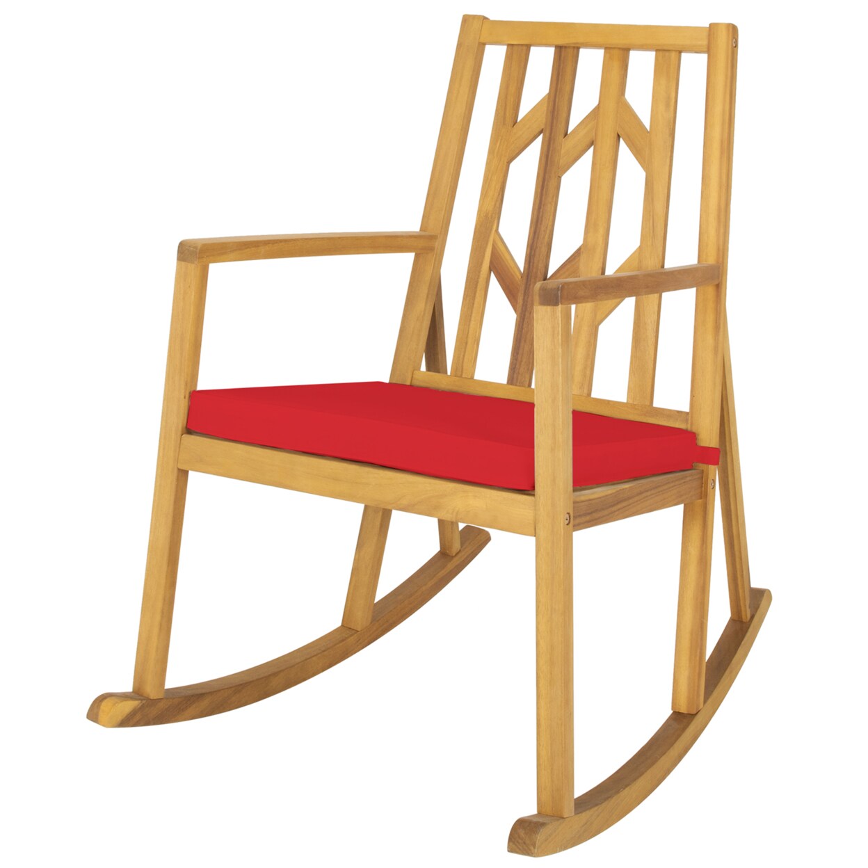 Outdoor Acacia Wood Rocking Chair Wooden Patio Rocker W/ Red Cushion