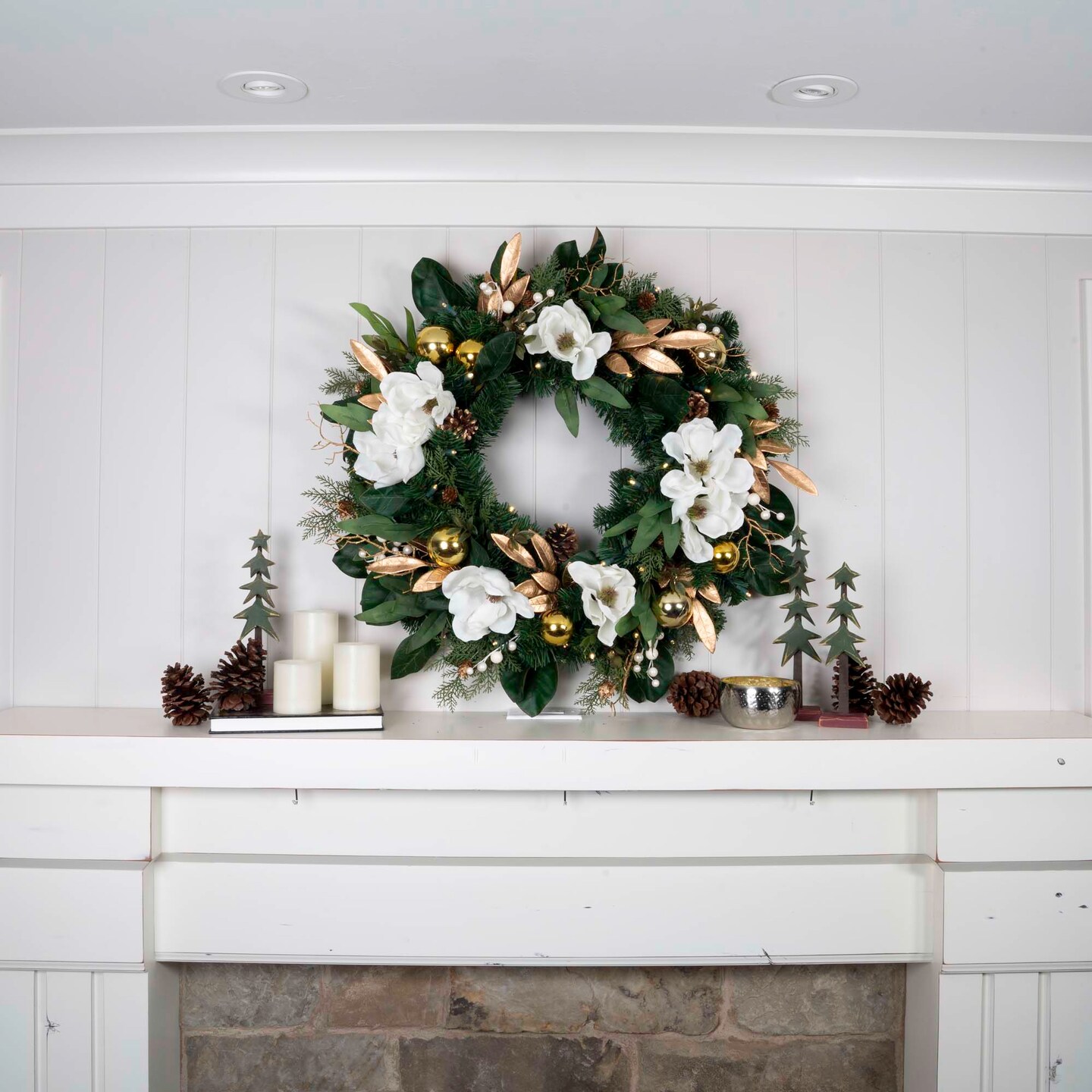 30 in. Lighted Christmas Wreath - White Gold Magnolia