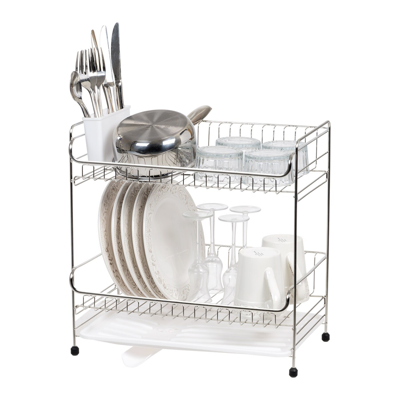 IRIS USA 2-tier Medium-sized Dish Rack with Drain Spout, White