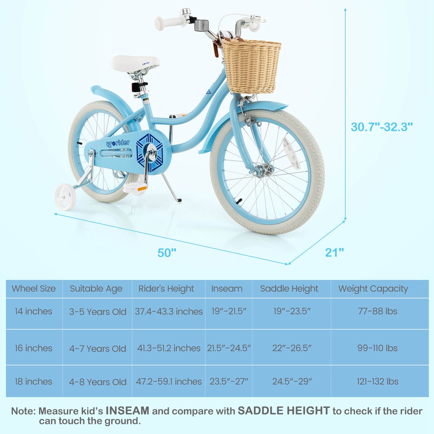 Prorider 18" Kid's Bike with Training Wheels Adjustable Handlebar Seat Handbrake Blue/Green/Pink