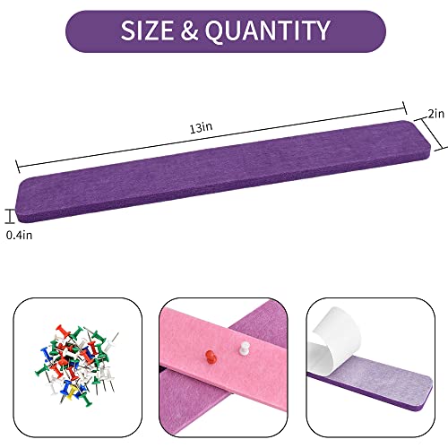 8 Pieces Purple Rose Cork Board Bar Strips with 50 Pushpins & Sticky Notes, Self-Adhesive Bulletin Board Strips No Damage for Wall, Felt Pin Board for Paste Notes, Photos, Schedules Office Decor