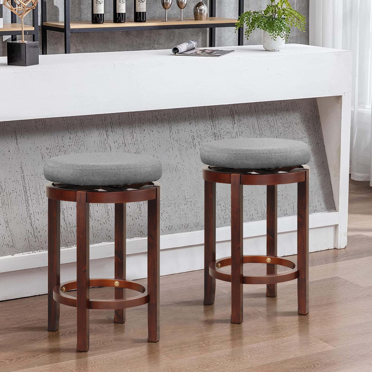Costway Set of 2 Upholstered Swivel Round Bar Stools 26&#x27;&#x27; Wooden Pub Kitchen Chairs Gray