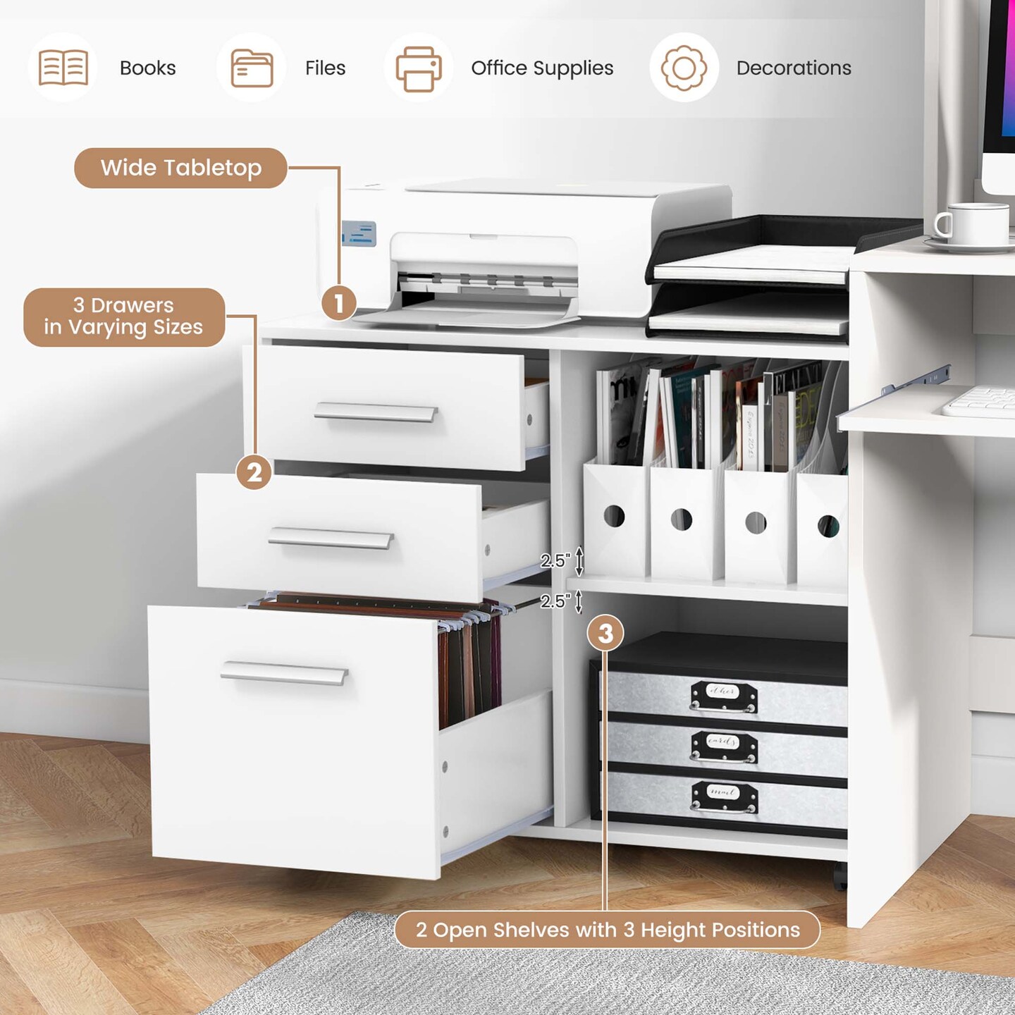 Costway 3-Drawer File Cabinet Mobile Lateral Cabinet Printer Stand Espresso\Black