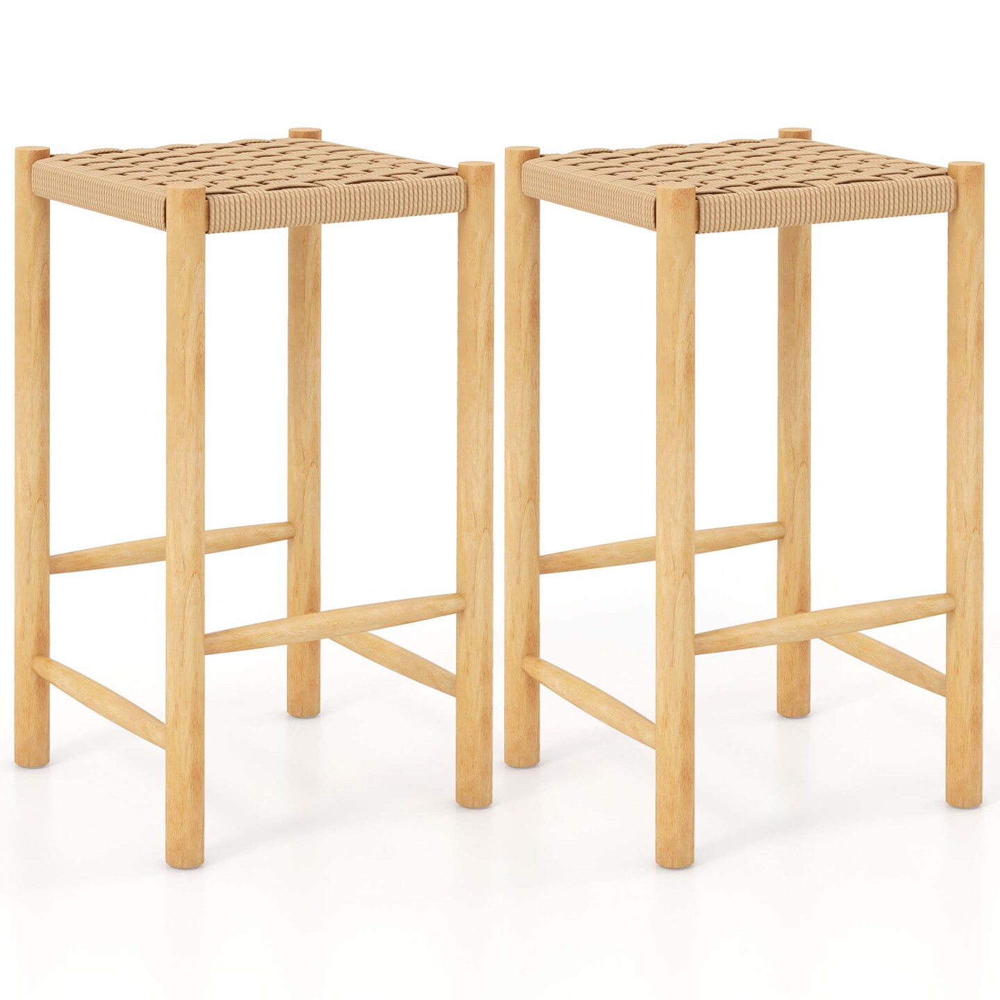 Costway 26'' Dining Bar Stool Set of 2/4 Counter Height with Rubber Wood Woven Saddle Seat