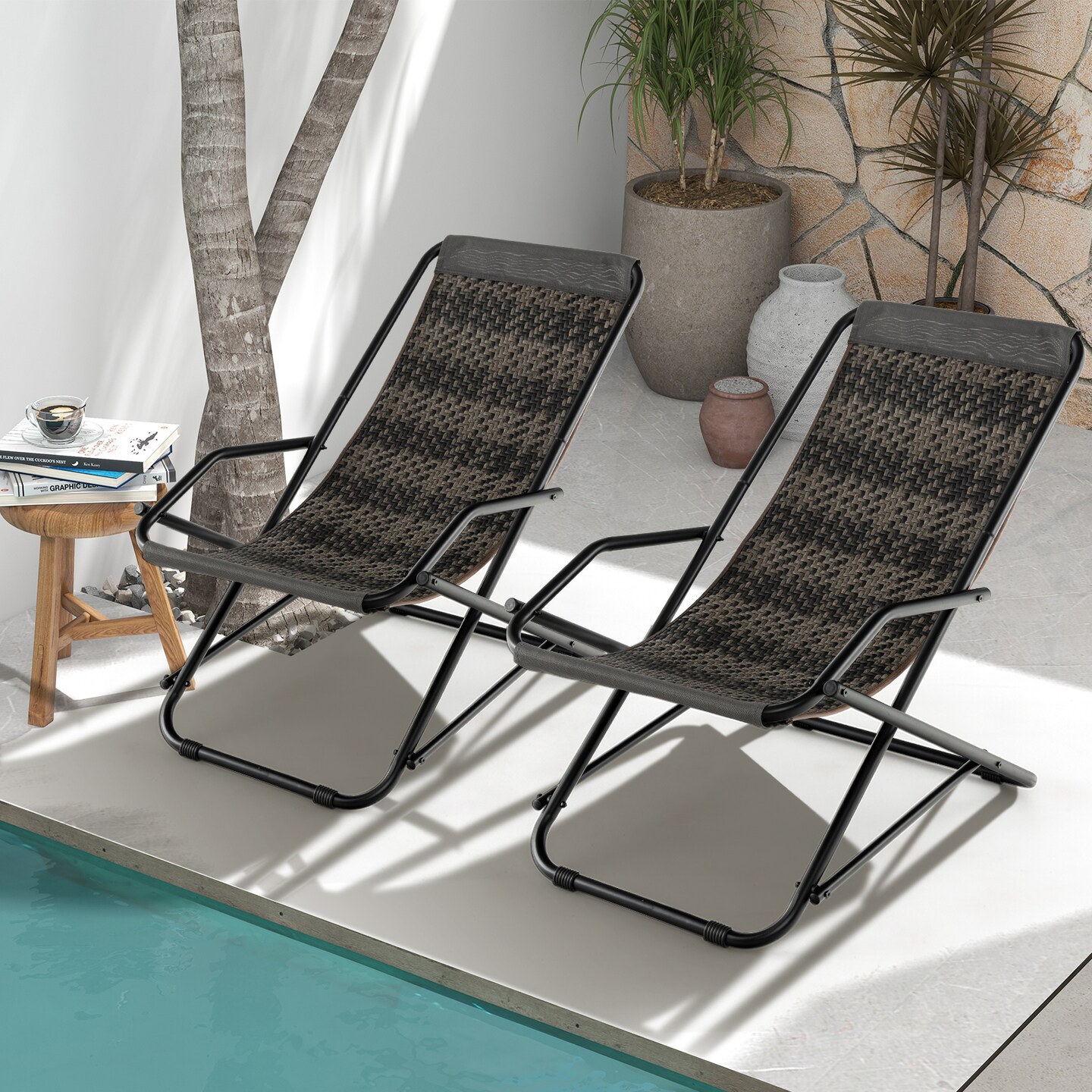 Outdoor Patio PE Wicker Rocking Chair with Armrests and Metal Frame-Grey
