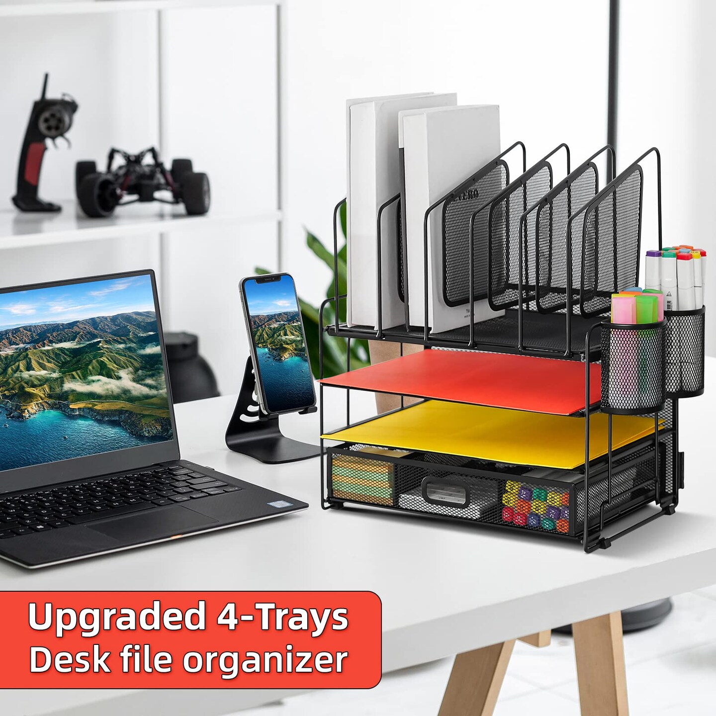 Marbrasse Desk Organizer with Drawer, 4-Tier Mesh Desk File Organizer with 5 Vertical File Holders and 2 Pen Holders, Multifunction Desktop Organizer