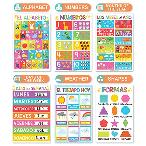 Hadley Designs 12 Spanish Educational Posters, Bilingual Learning Chart for Prek, Kindergarten & 1st Grade Kids, Classroom Decorations, Alphabet, Colors, Numbers, Months of the Year, Days of the Week