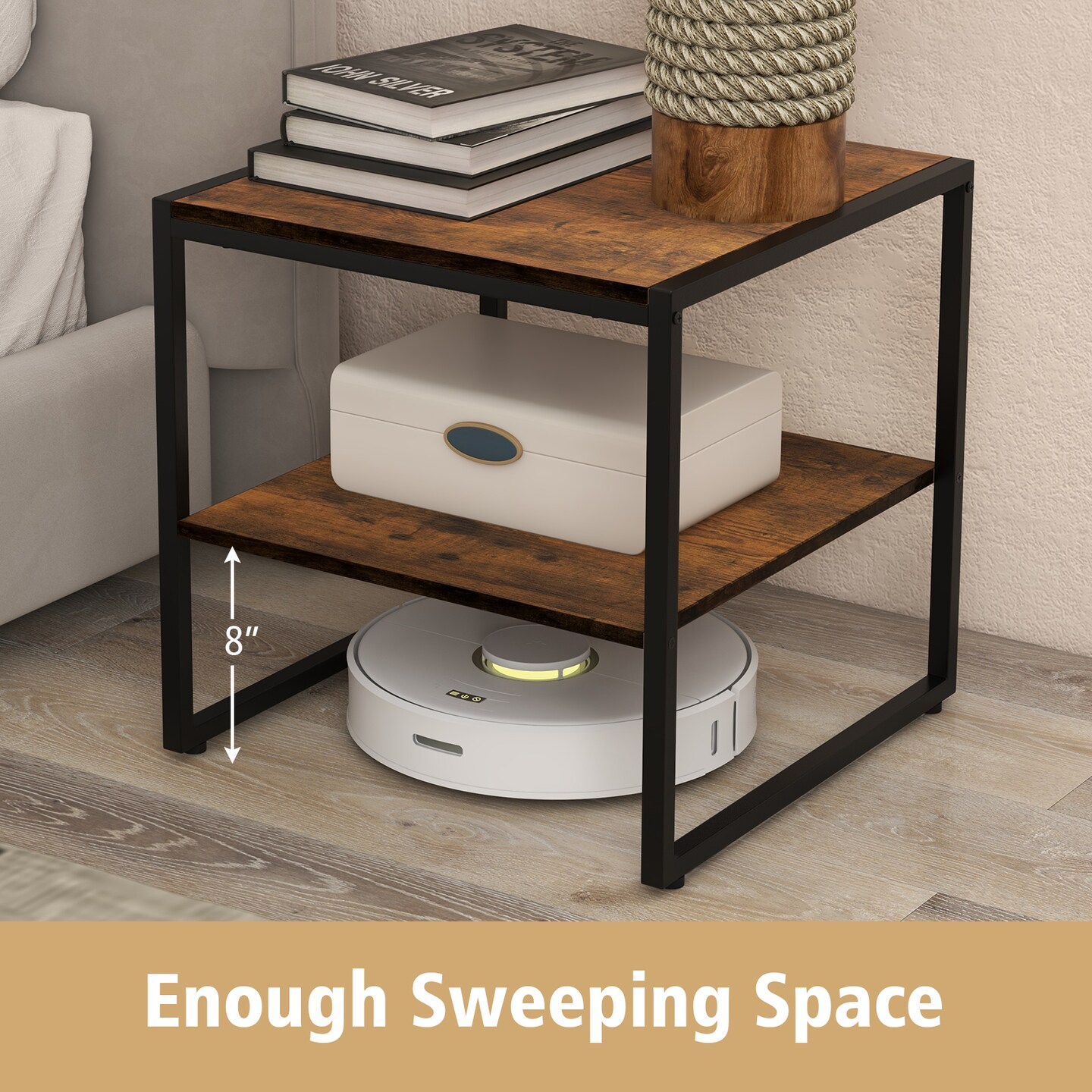 2 Pieces 2-Tier 20 Inch Square End Side Table for Living Room Bedroom-Rustic Brown