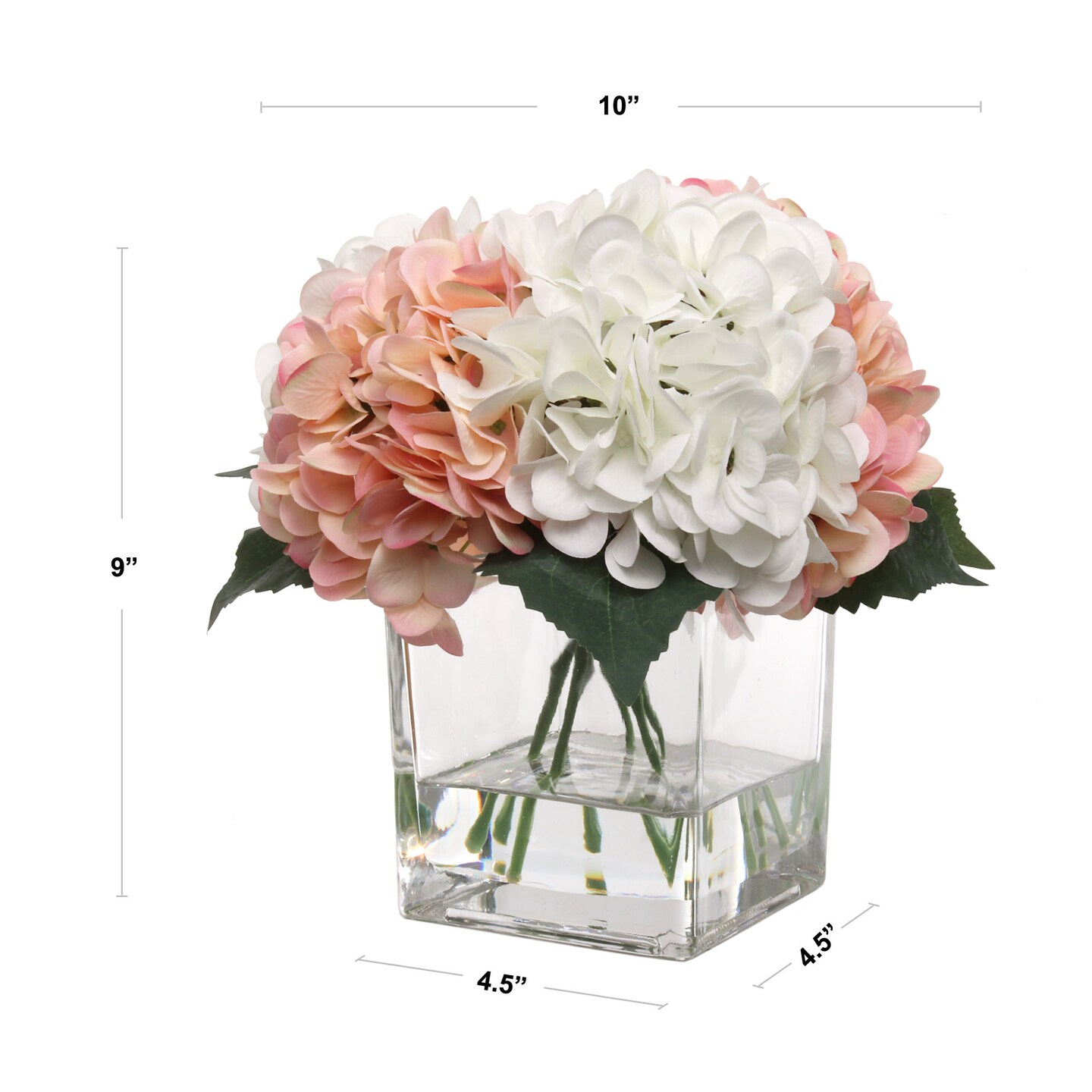 Pink &#x26; White Hydrangea Flowers in Glass Vase with Realistic Water Look - Lifelike Artificial Arrangement for Home, Office &#x26; Event Decor - Floral Home by Artificial Flowers