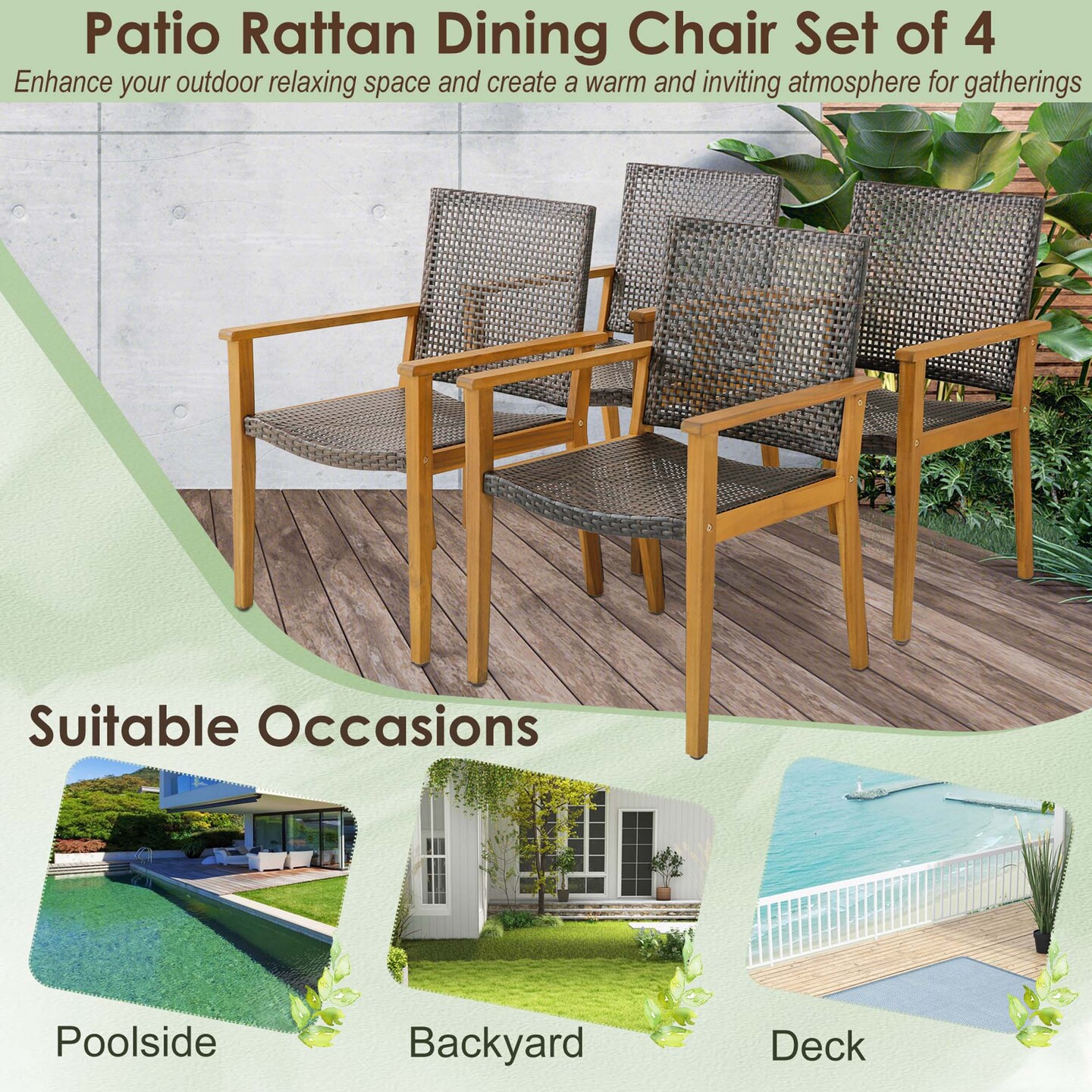 Costway Set of 4 Patio Dining Chairs Outdoor Acacia Wood Rattan Armchairs Garden Balcony