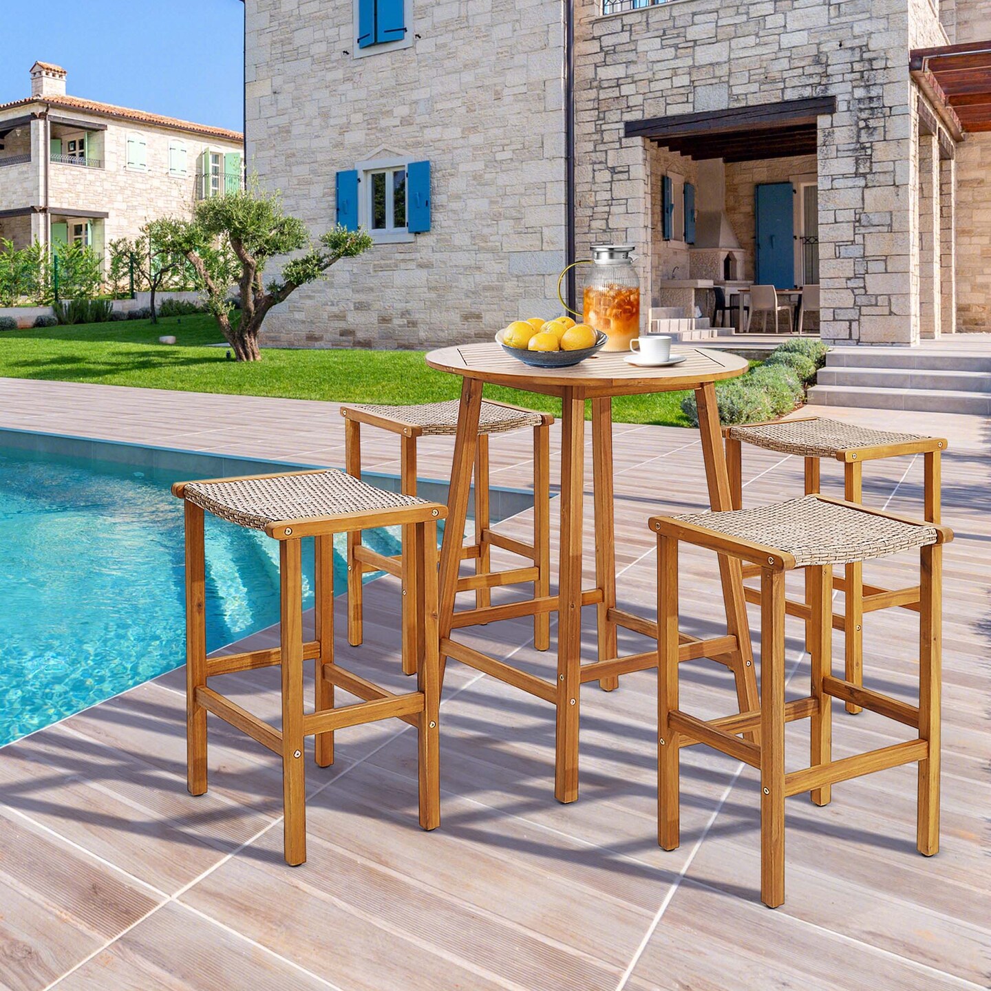 Costway 2PCS/4PCS Patio PE Wicker Bar Stools with Acacia Wood Frame Bar Height Chairs Poolside