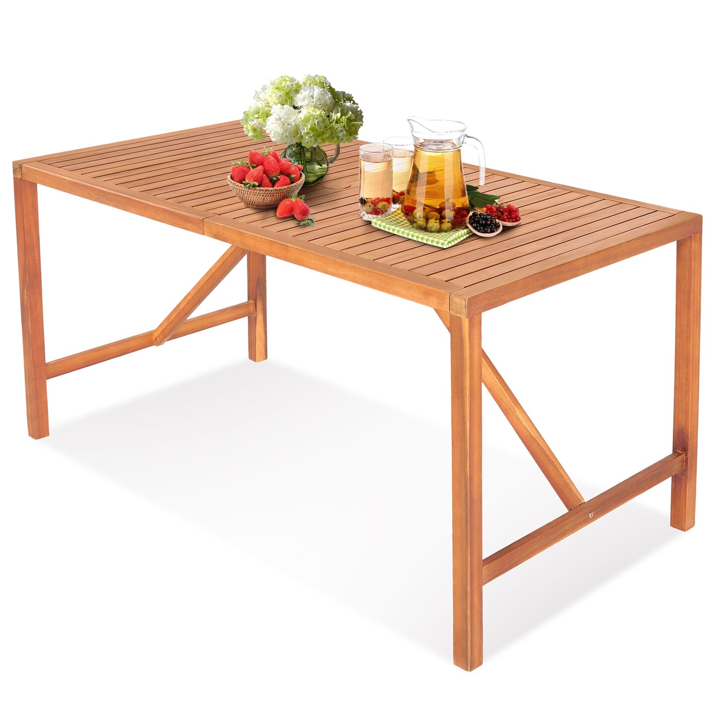 Costway Patio Rectangular Acacia Wood Dining Table 4-6 Person Outdoor 2&#x27;&#x27; Umbrella Hole