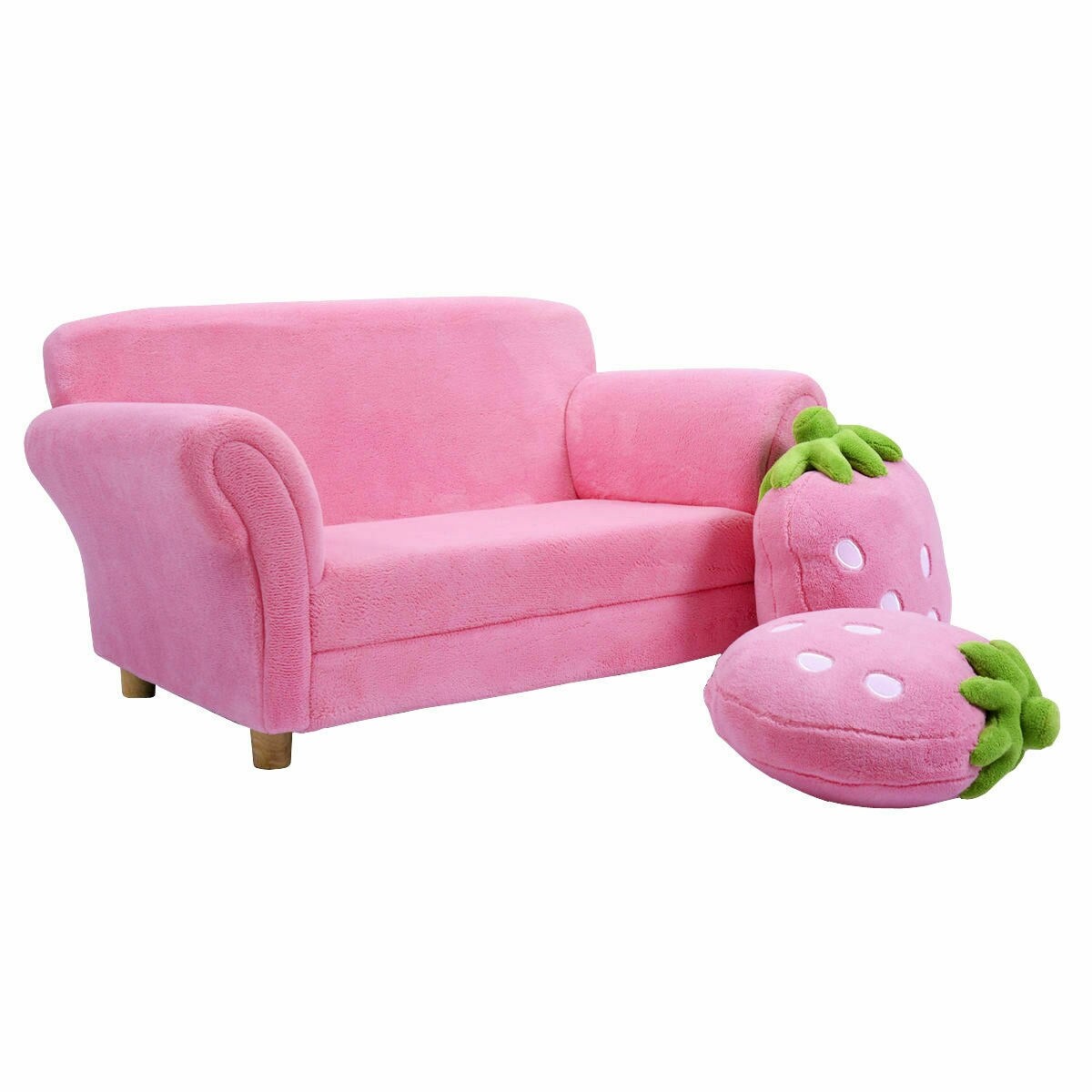 Pink Children Sofa with Soft Coral Fleece and Cute Strawberry Cushions