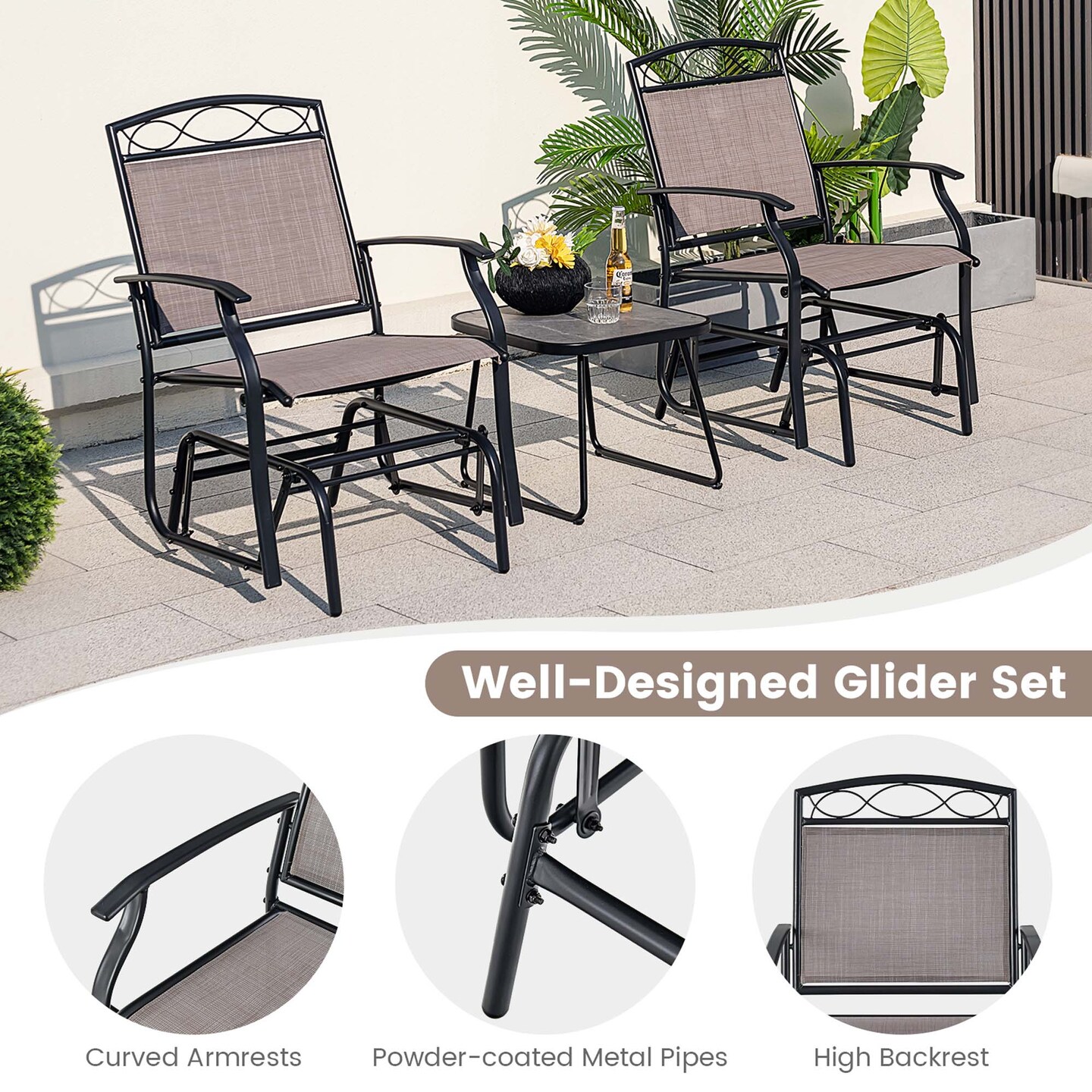 Costway 2pcs Patio Glider Set Single Swing Rocking Chair Heavy-Duty Metal Frame Outdoor