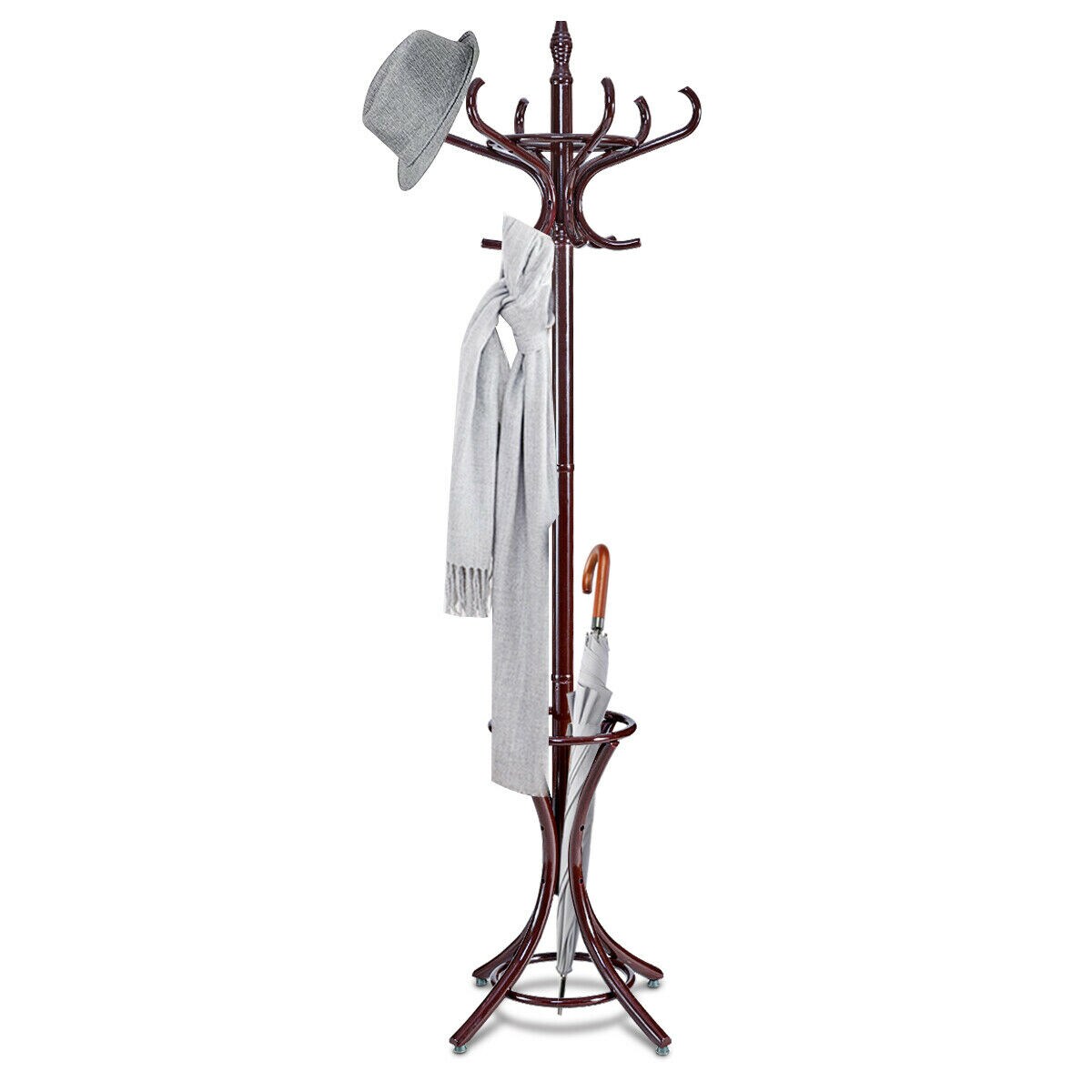Wood Standing Hat Coat Rack Jacket Bag Hanger Tree 12 Hooks Reddish Brown W/ Umbrella Stand