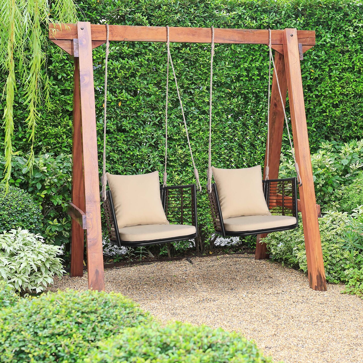 Costway Patio Hanging Rattan Basket Chair Swing Hammock Chair with Seat Cushion Navy/Grey/Beige