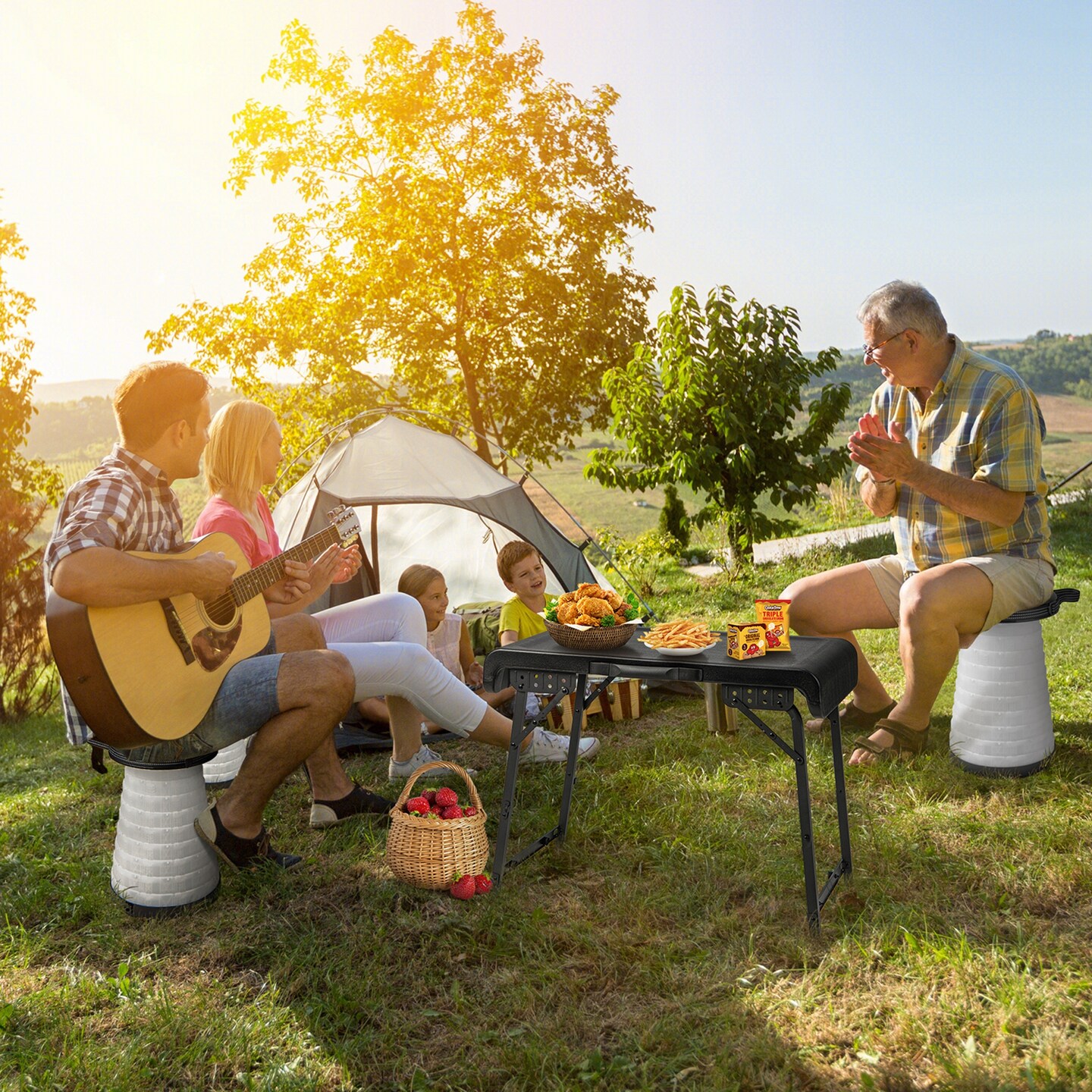 Costway 3-Piece Folding Table Stool Set with a Camping Table &#x26; 2 Retractable LED Stools