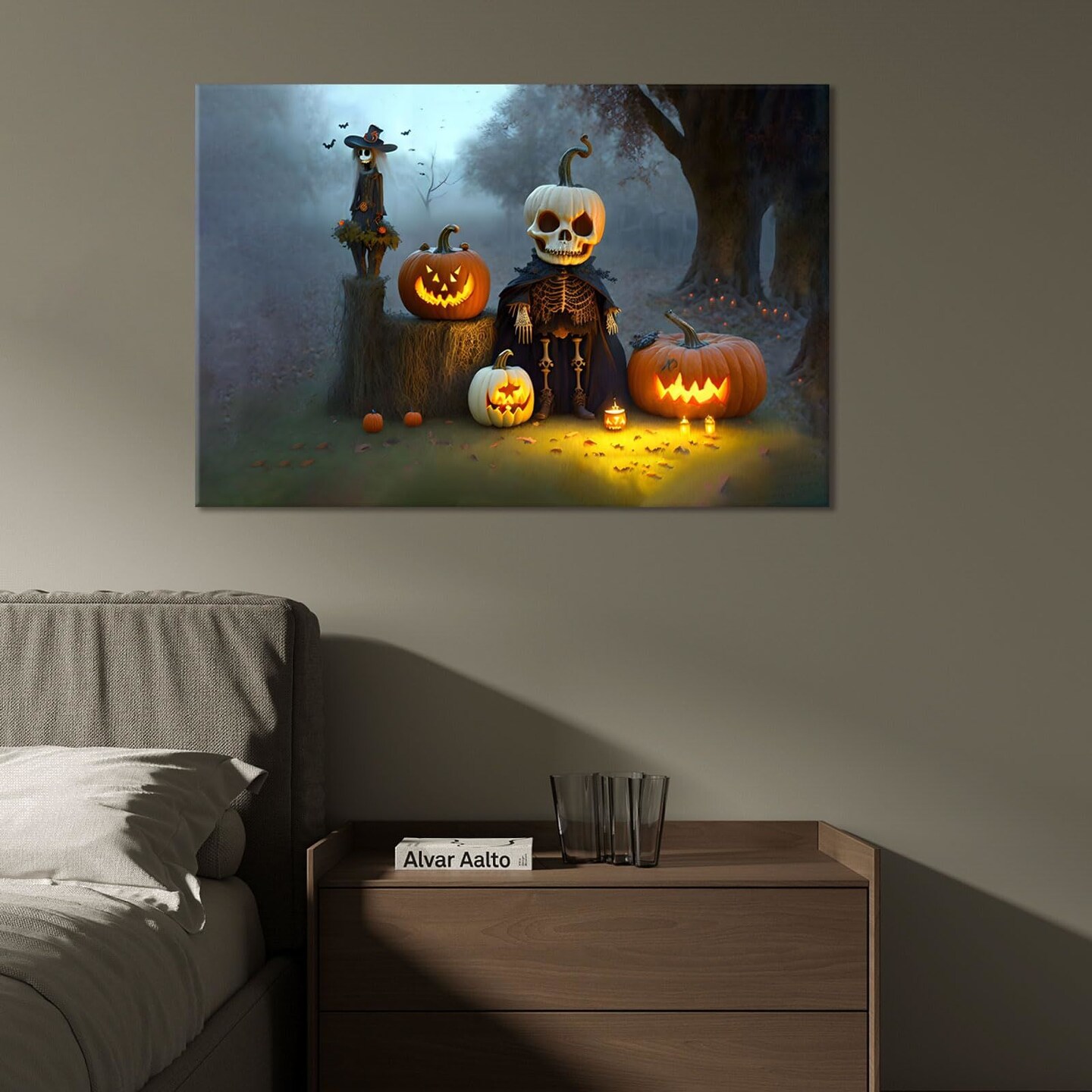 Skeleton with Jack-o&#x27;-lanterns Painting for Halloween - Ideal Gift and Decoration, Ready to Hang