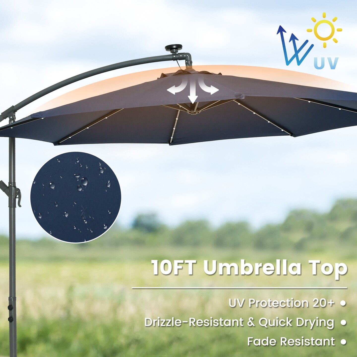 10 Feet Cantilever Umbrella with 32 LED Lights and Solar Panel Batteries