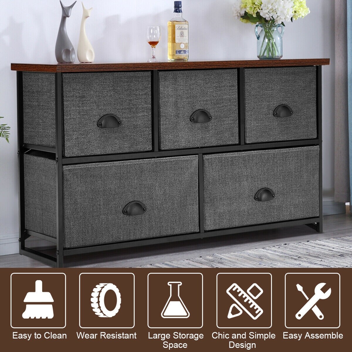 Black Steel 5-Drawer Storage Cabinet Fabric Bins MDF Top Nightstand Bedroom Organizer