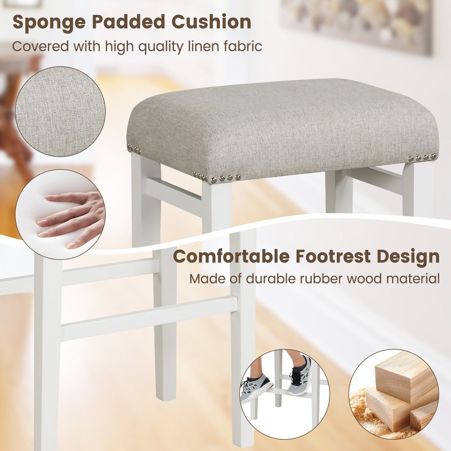 Costway 24" Height Set of 2 Bar Stools Backless Counter Height Kitchen Chairs with Wooden Legs Gray