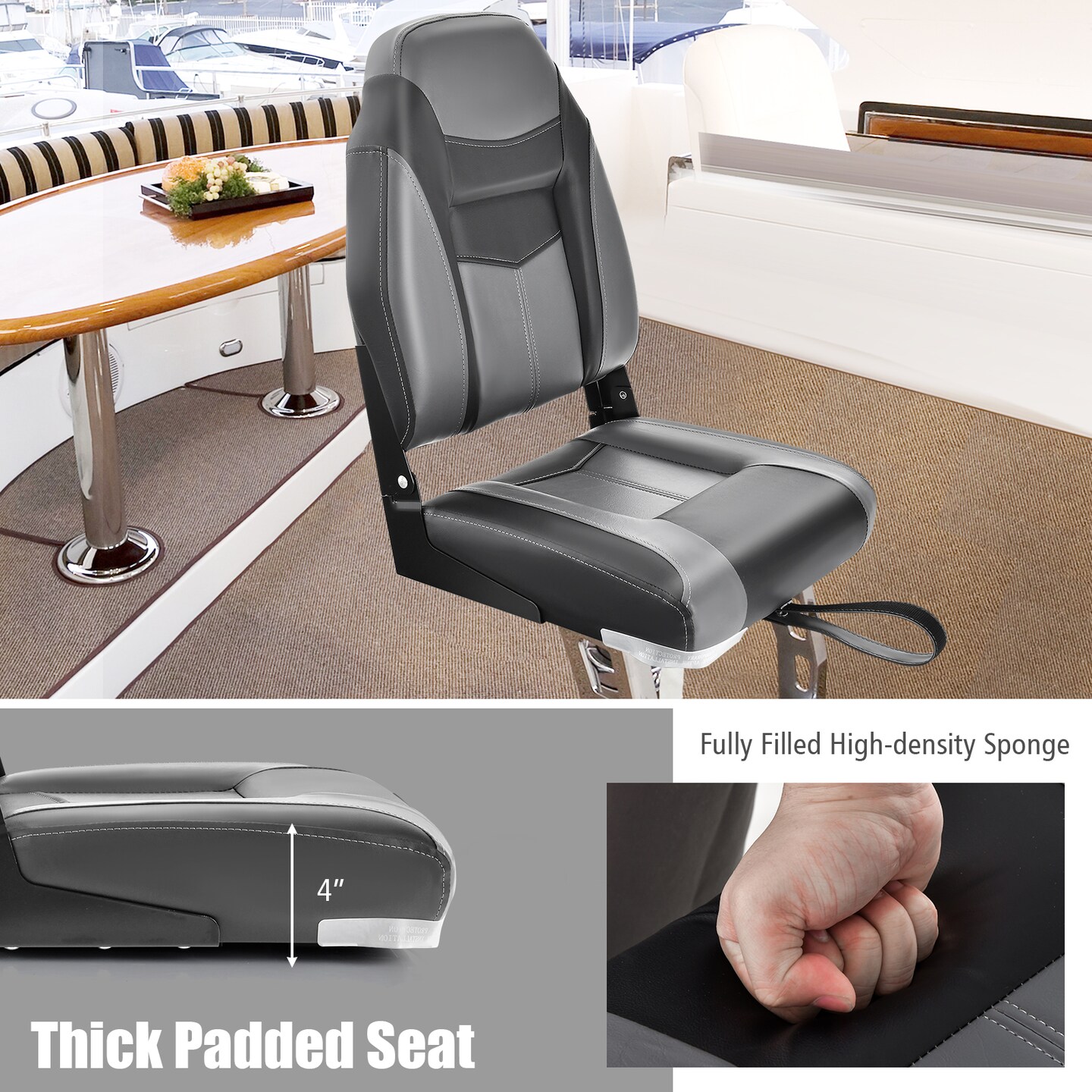 Costway High Back Folding Boat Seats with Black Grey Sponge Cushion & Flexible Hinges