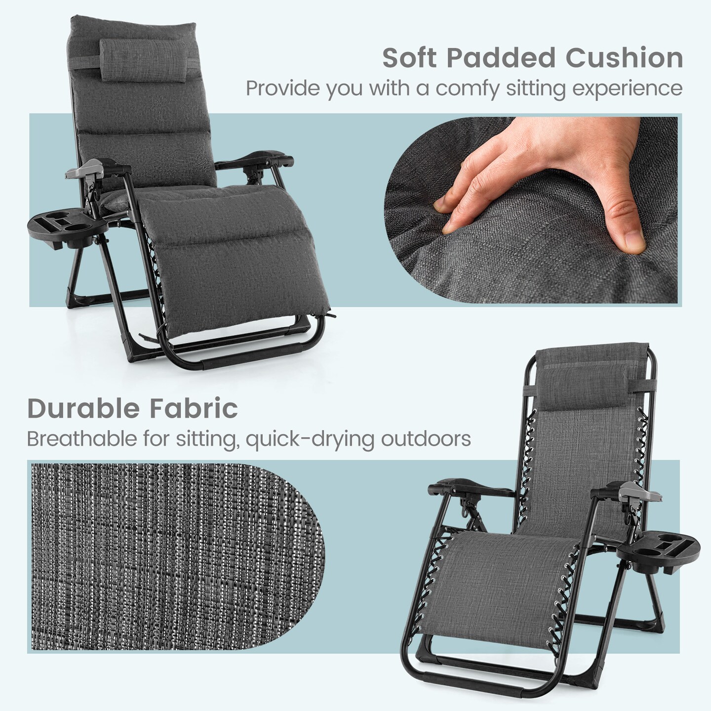 Adjustable Metal Zero Gravity Lounge Chair with Removable Cushion and Cup Holder Tray