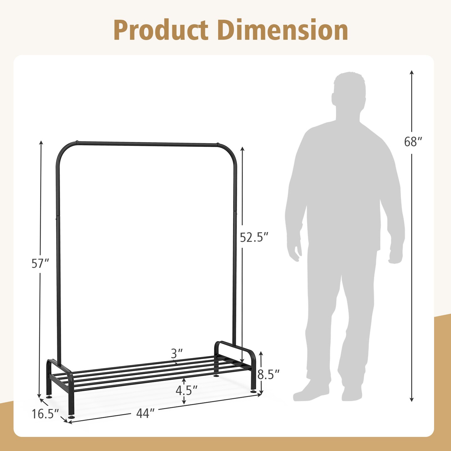 Black Metal Heavy Duty Clothes Stand Rack with Top Rod and Lower Storage Shelf