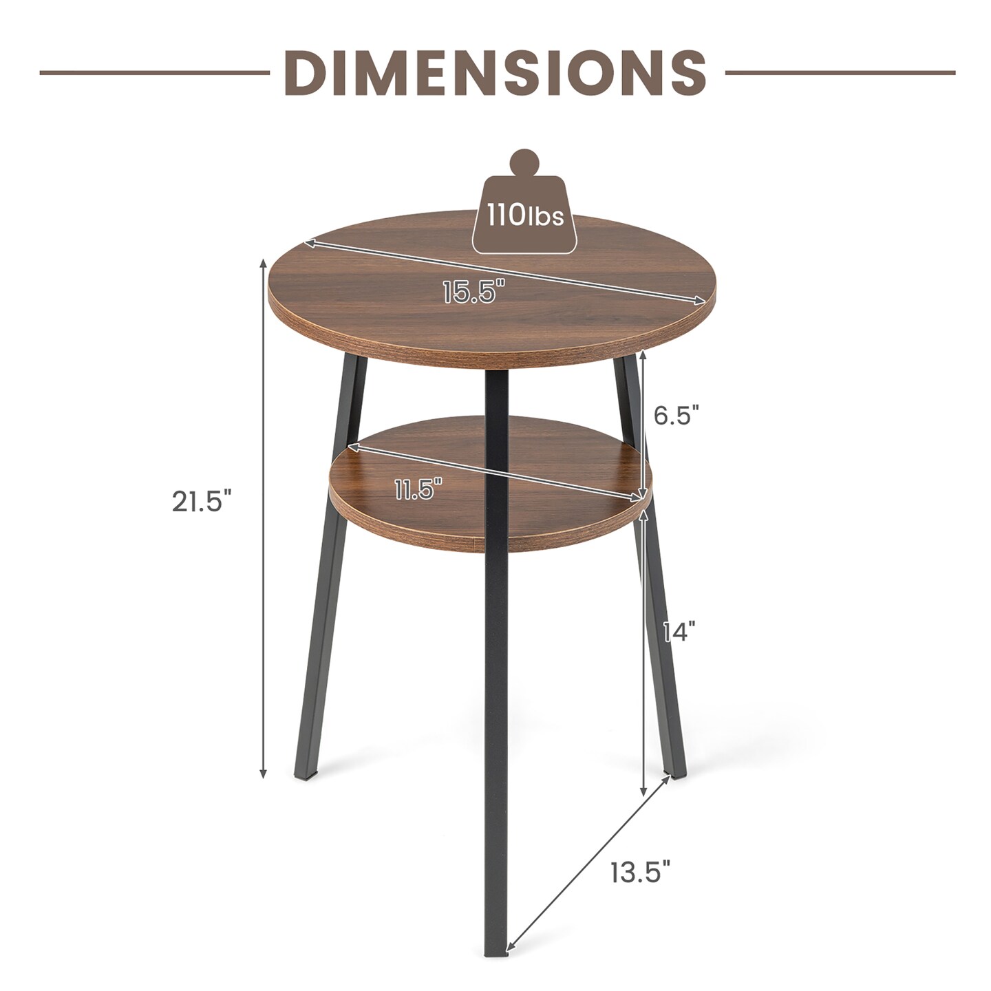 Costway 2PCS 2-Tier Bedside End Table Round Nightstand for Bedroom Living Room Brown/Walnut