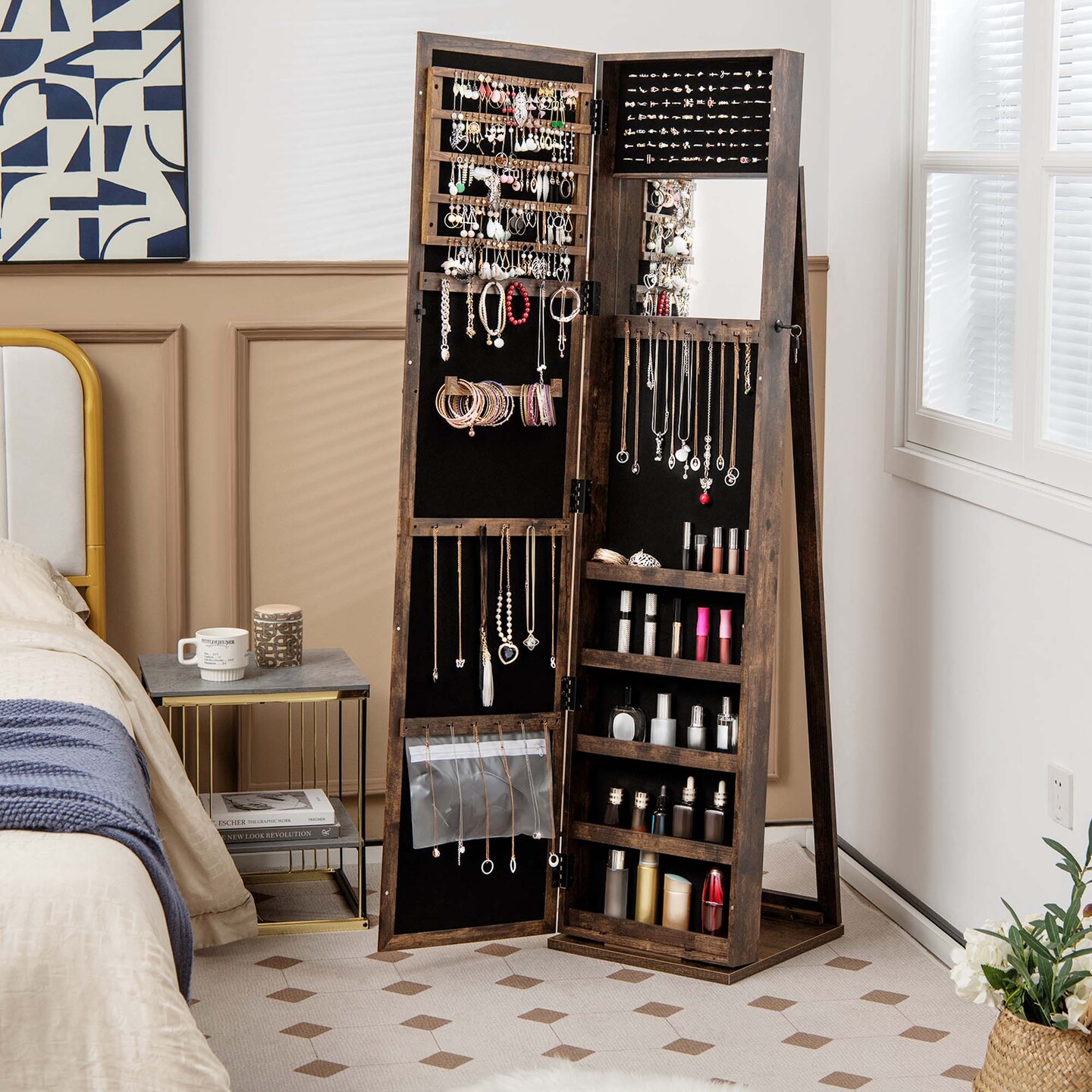Costway Mirrored Jewelry Cabinet Armoire Lockable Standing Storage Organizer with Shelf Black/White/Coffee/Dark Brown