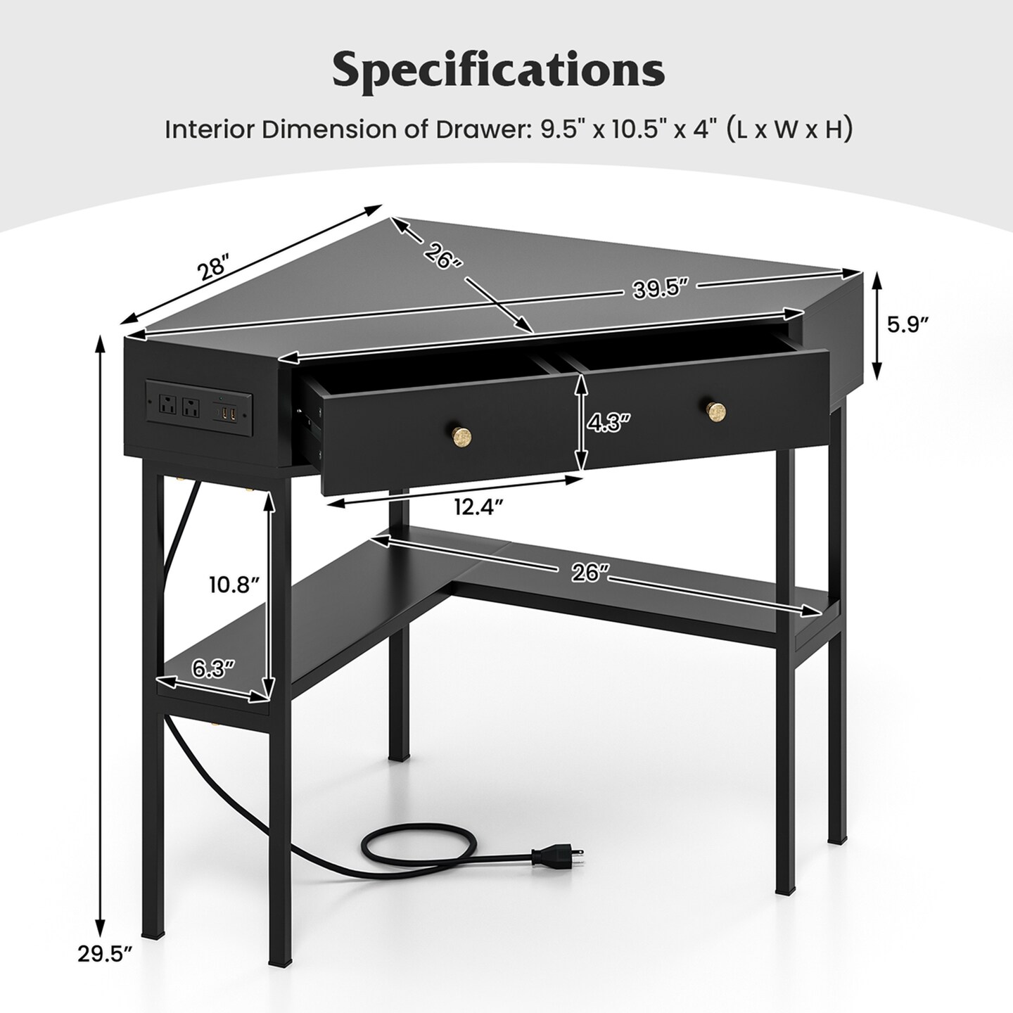 Costway Corner Computer Desk Writing Workstation Study Desk w/ 2 Drawers White\Black\Gold