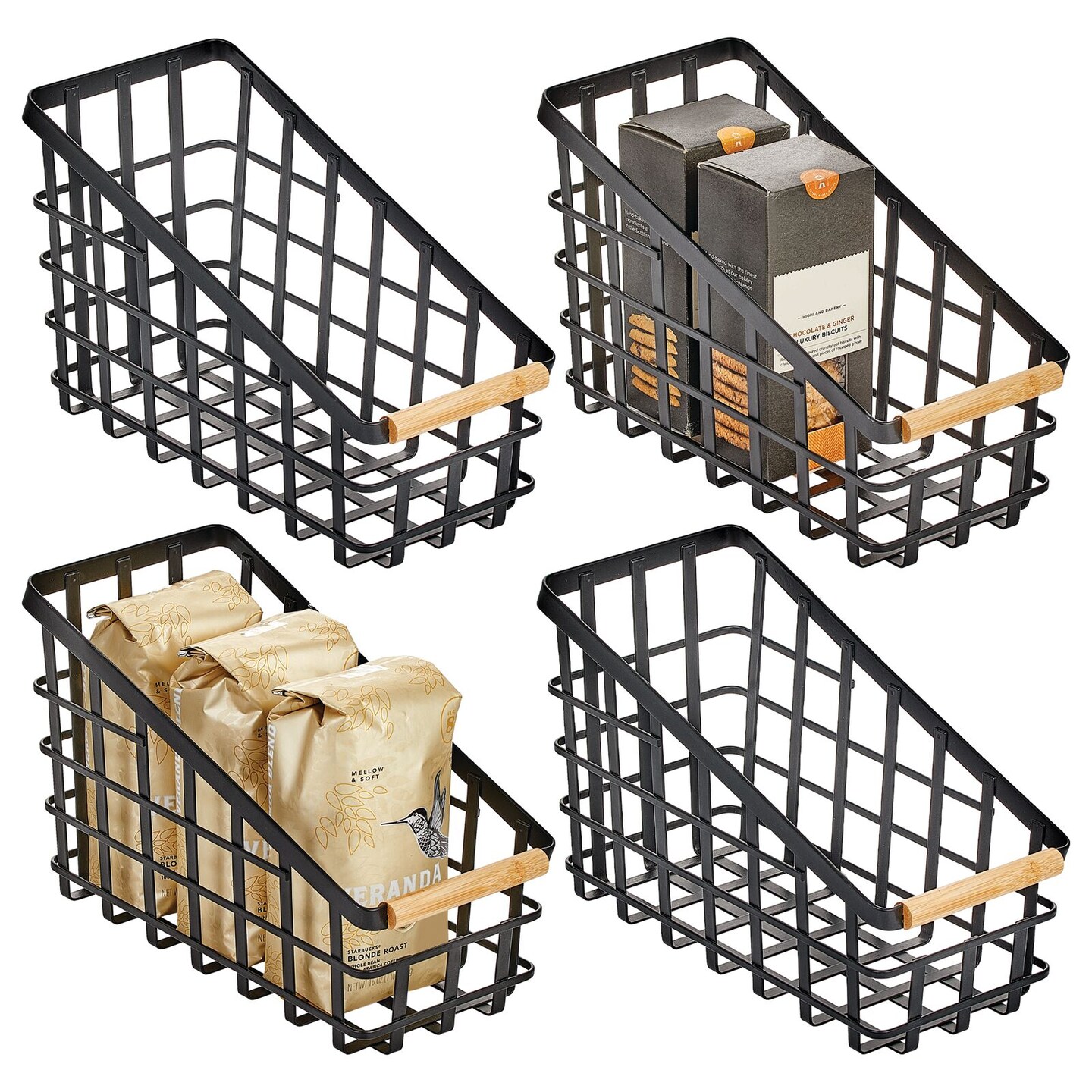 mDesign Slim 6&#x22; Slanted Metal Kitchen Bin Basket, Wood Handle