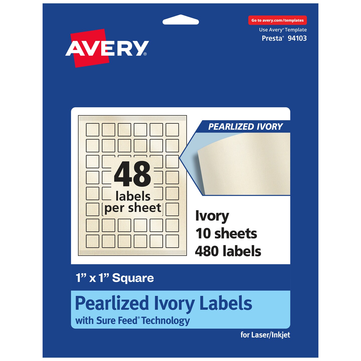 Avery Pearlized Ivory Square Labels with Sure Feed Technology, Print-to-the-Edge, 1" x 1"