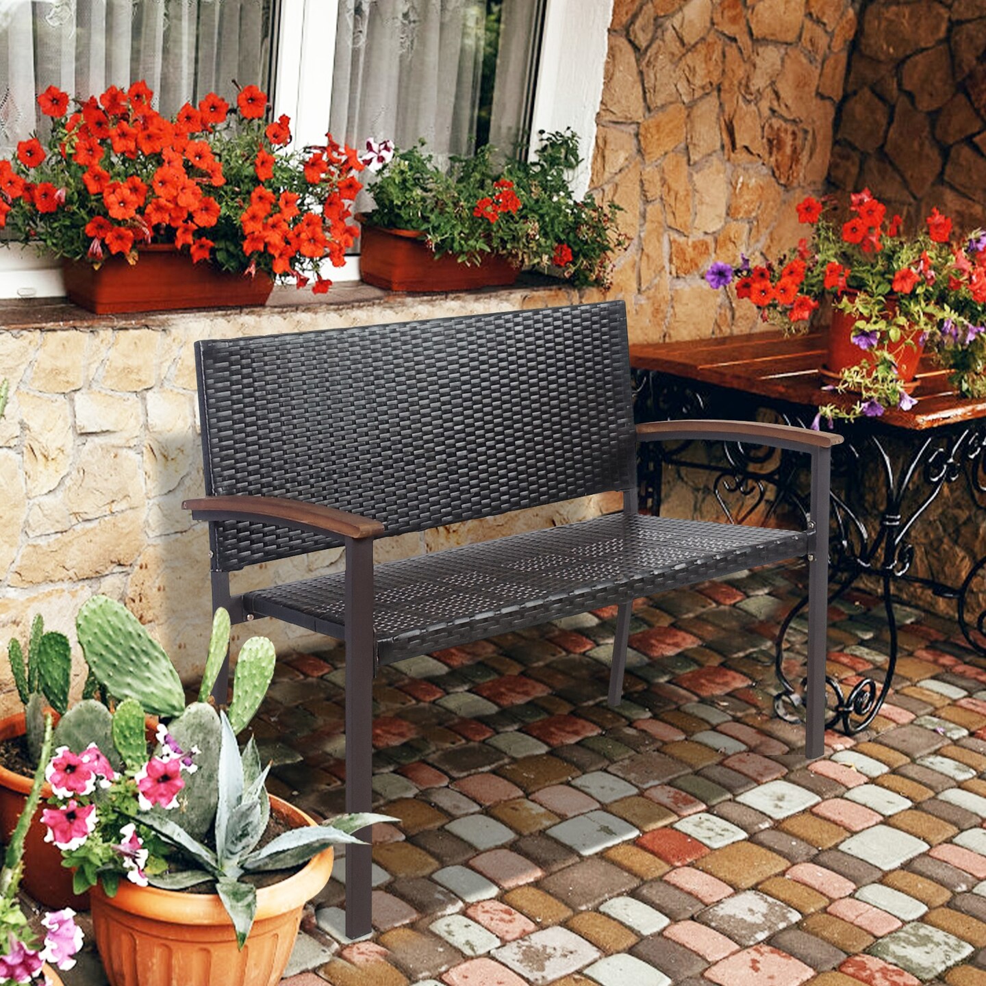 Rattan Patio Seating Bench with Steel Frame and Wood Arms Brown